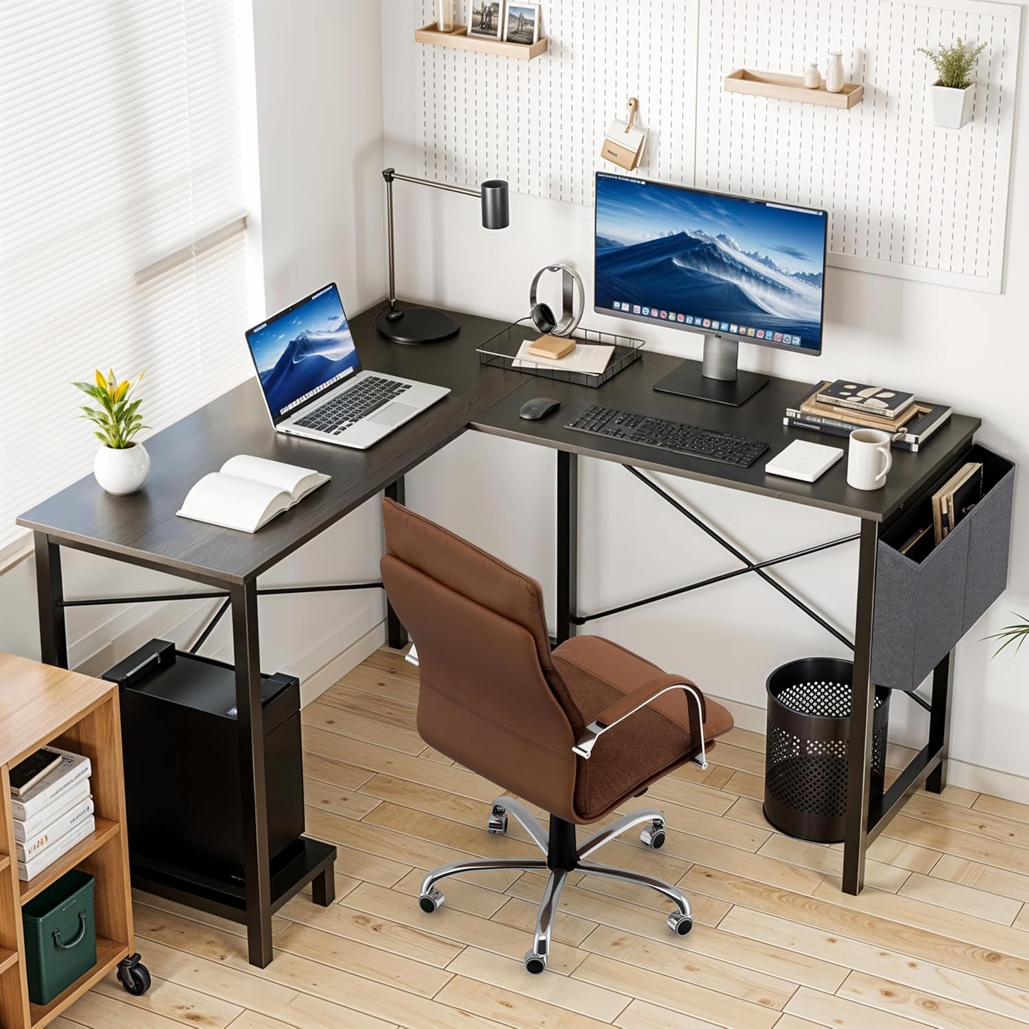 L Shaped Desk Gaming Computer 50 Inch Reversible Corner Table Pc For Writing Study Student With Wood Tabletop Metal Frame Cpu Stand Side Bag For Home Office Small Place, Black Black Wood