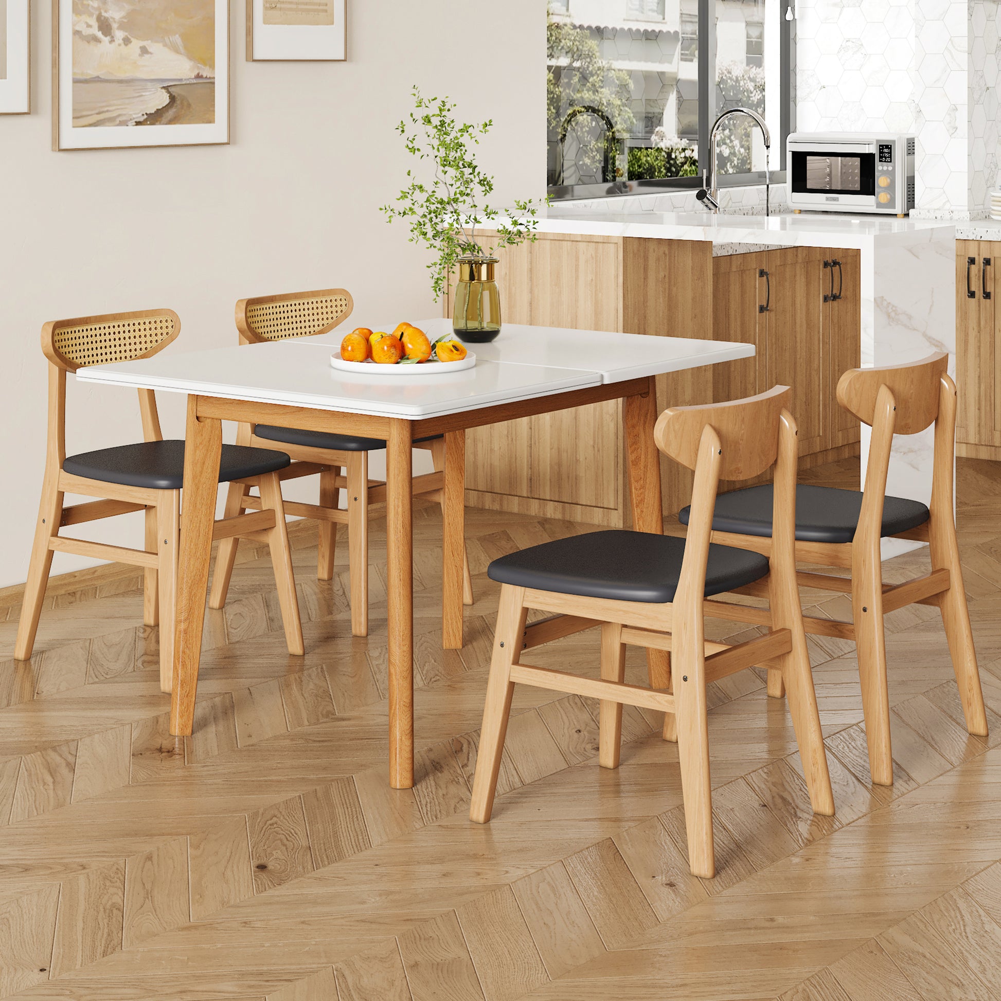 Table And Chair Set. White Sintered Stone Tabletop, Rubberwood Legs, Foldable Computer Desk, Foldable Desk. Solid Wood Dining Chair With Small Curved Backrest And Pu Cushions. Zd 1545 Dx 2361 Wood Seats 4 Wood