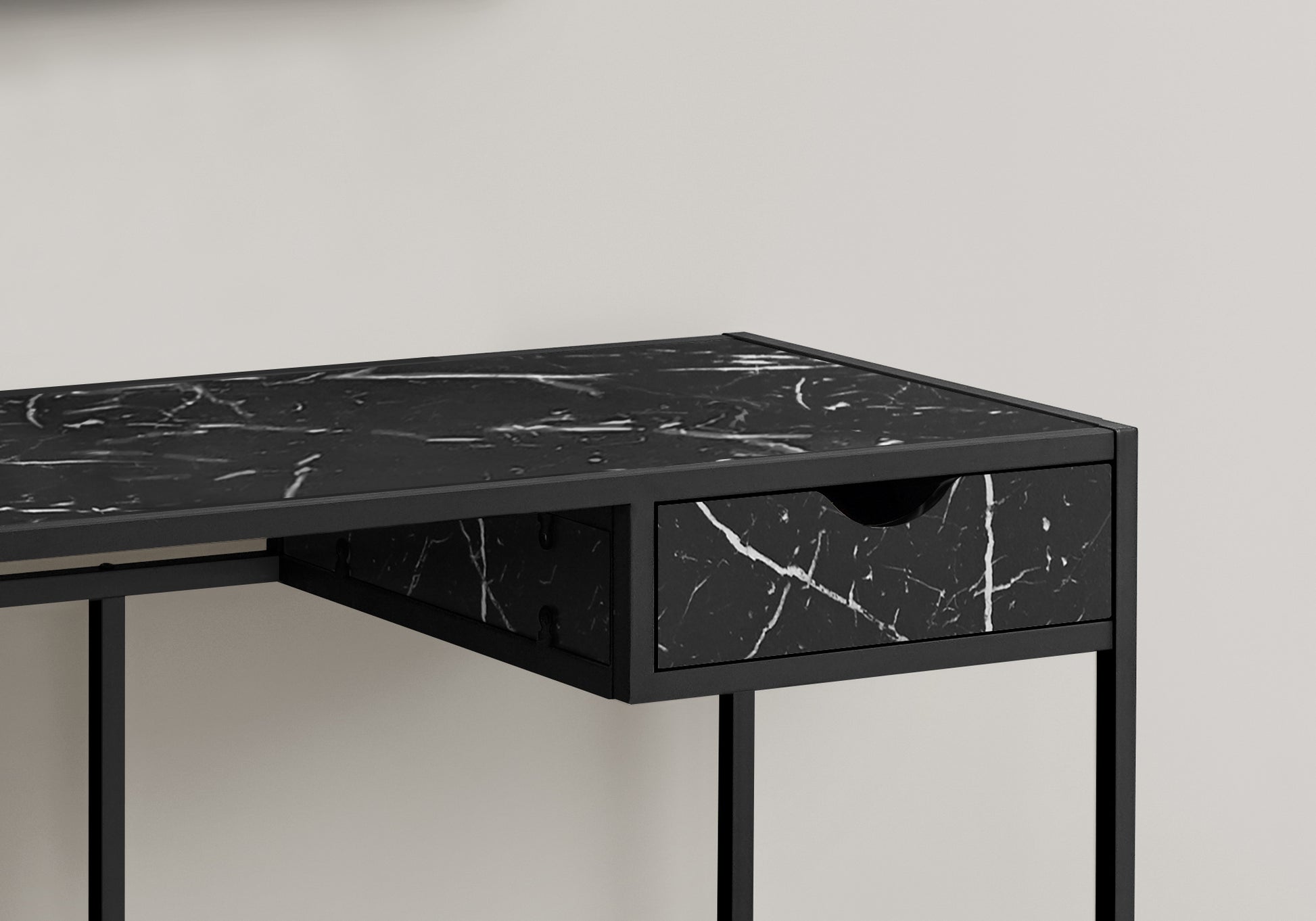 Computer Desk, Home Office, Laptop, Storage Drawer, 42"L, Work, Black Marble Look Laminate, Black Metal, Contemporary, Modern Black Mdf