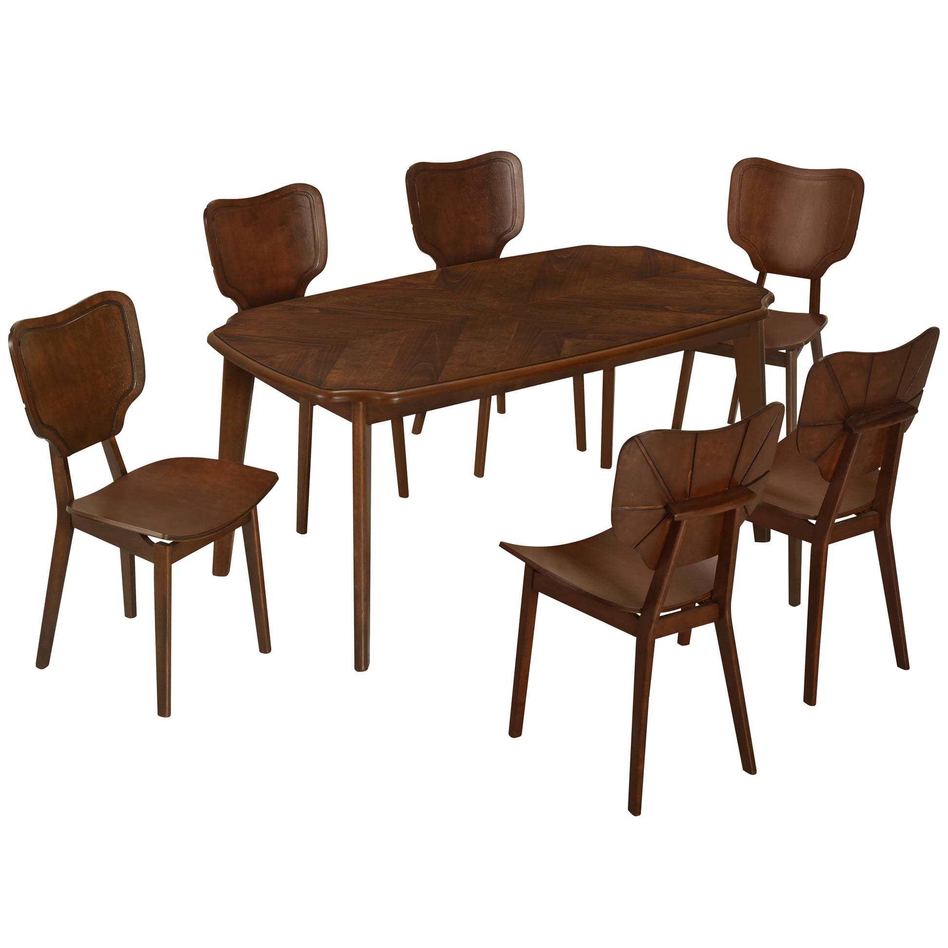 Vintage 7 Piece Dining Table Set With 6 Dining Chairs,Kitchen Table Set For 6 With Curved Back And Seat, Espresso Wood Dining Room Solid Wood Rubberwood Rectangular Dining Table With Chair Upholstered Chair Wood Espresso Seats 6 Farmhouse Curved 4 Leg