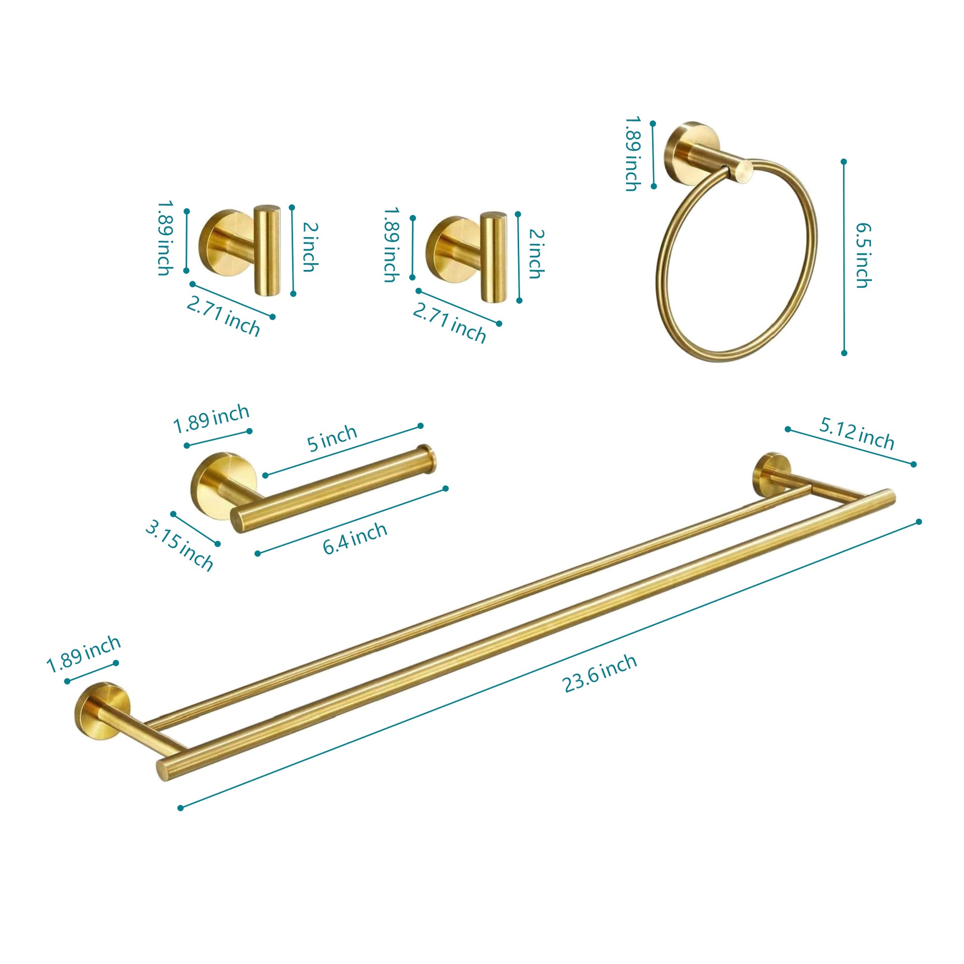 5 Piece Bathroom Towel Rack Set Wall Mount Brushed Gold Stainless Steel