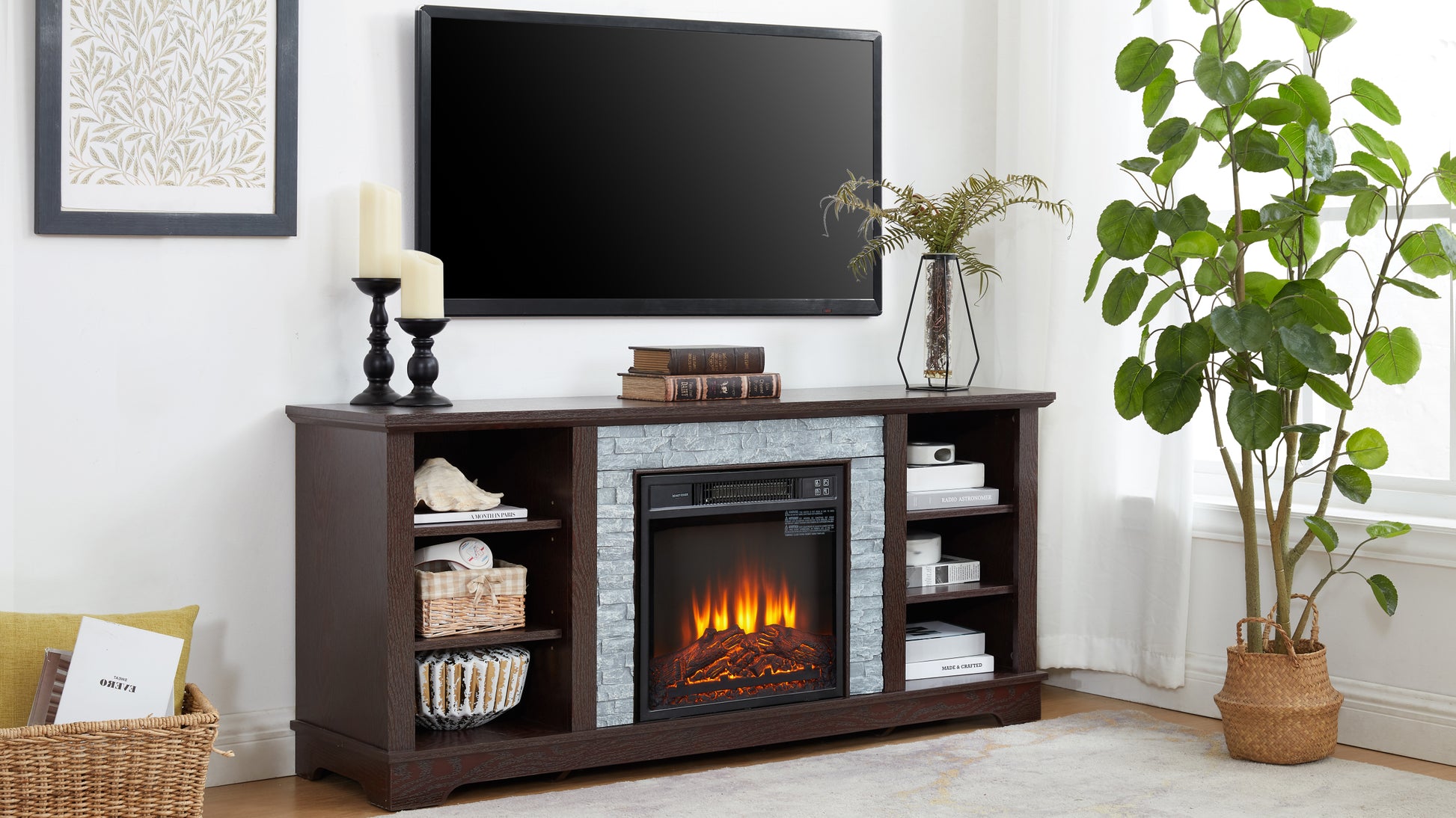 Faux Stacked Stone Tv Media Stand With Open Storage Modern Entertainment Console Space With 18" Fireplace Insert, Cherry, 58.31"W*15.39"D*26.06"H Cherry 60 69 Inches Mdf