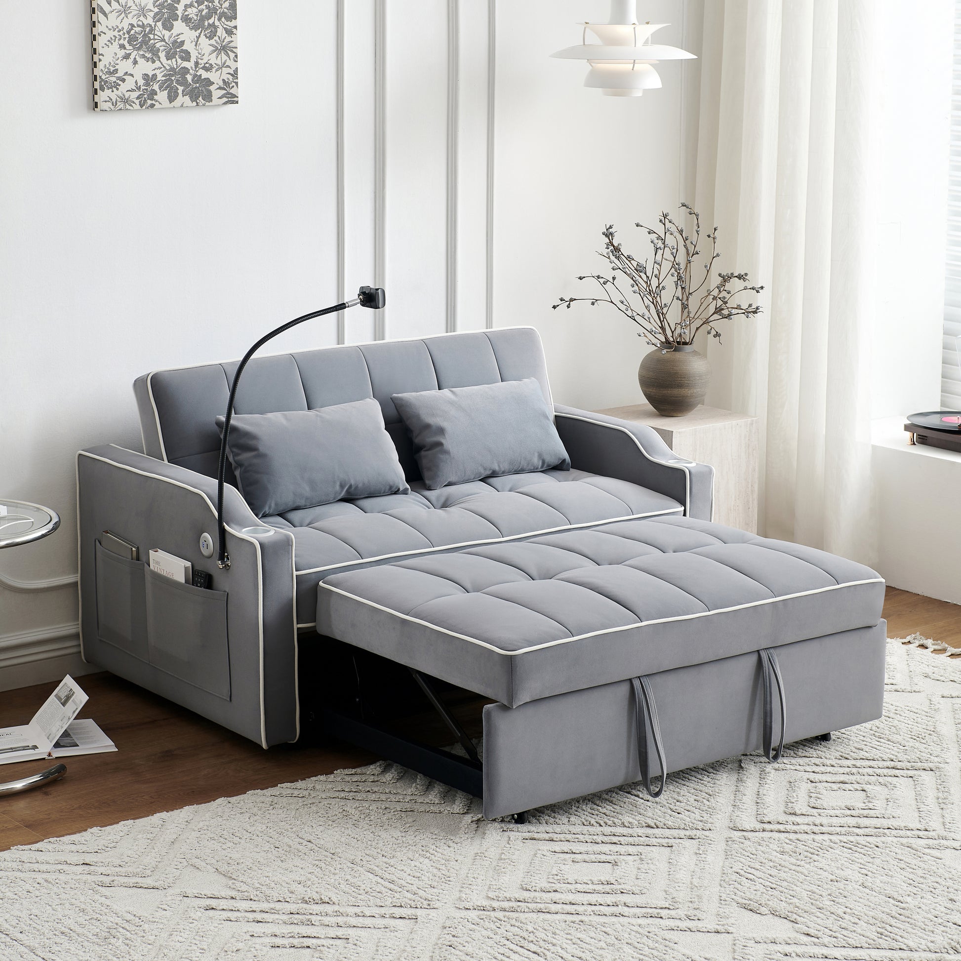 3 In 1 Convertible Sleeper Sofa Couch Bed, Velvet Tufted Loveseat Futon Sofa W Usb&Type C Port Pull Out Bed, Adjustable Backrest,Multi Pockets For Living Room Apartment Small Space Grey Fabric