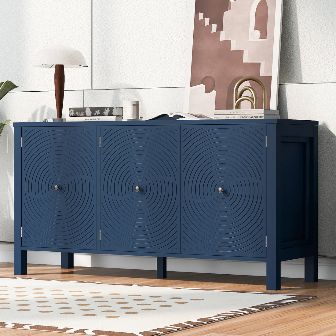 Sideboard With Curved Swirl Patterned Doors And Artistic Three Door Design,Suitable For Living Rooms,Entrance And Study Navy Blue Primary Living Space American Design Mdf