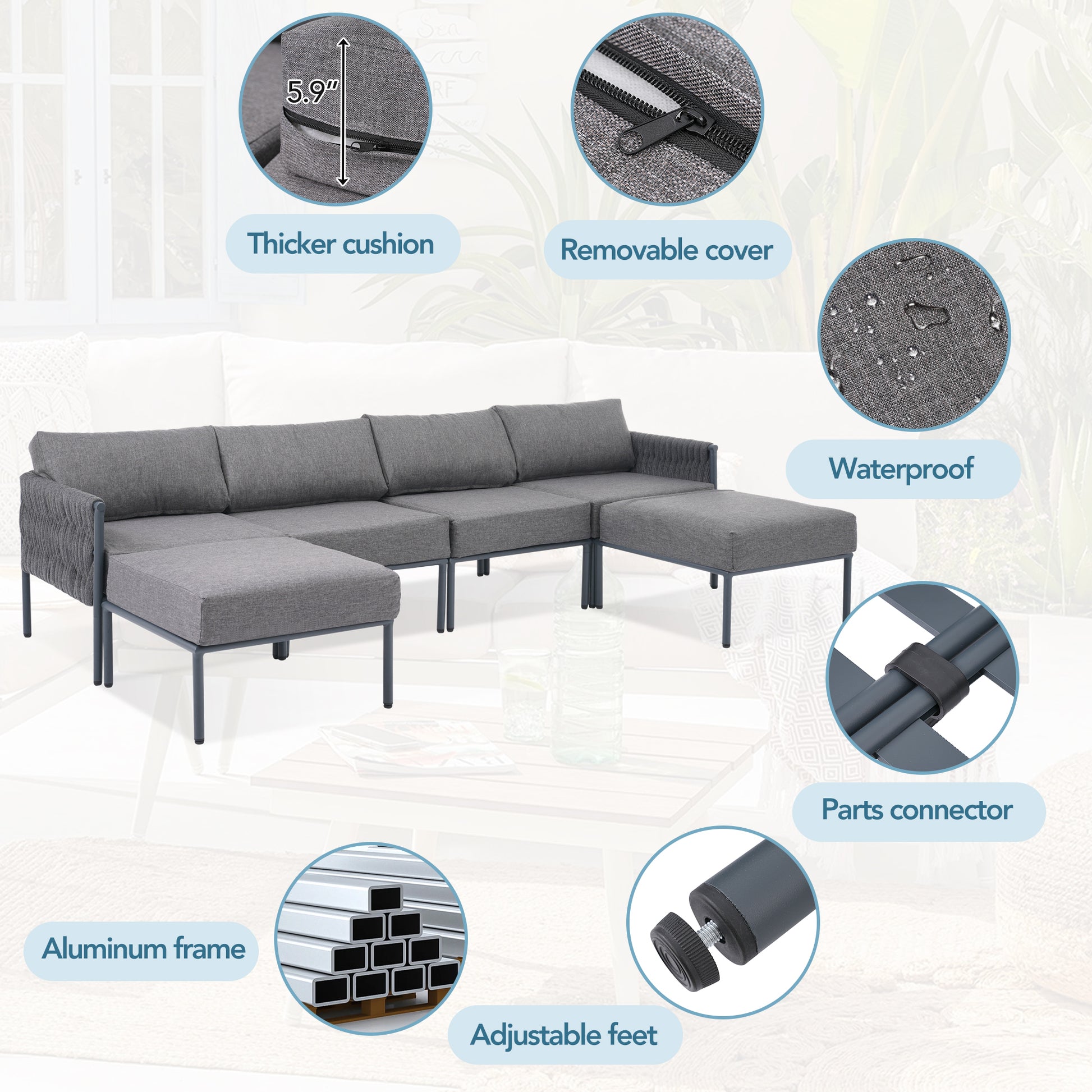 6 Pieces Aluminum Patio Furniture Set, Modern Metal Outdoor Conversation Set Sectional Sofa With Removable Olefin Extra Thick Cushions 5.9" Cushion, Grey Yes Complete Patio Set Gray Seats 6 Weather Resistant Frame Garden & Outdoor