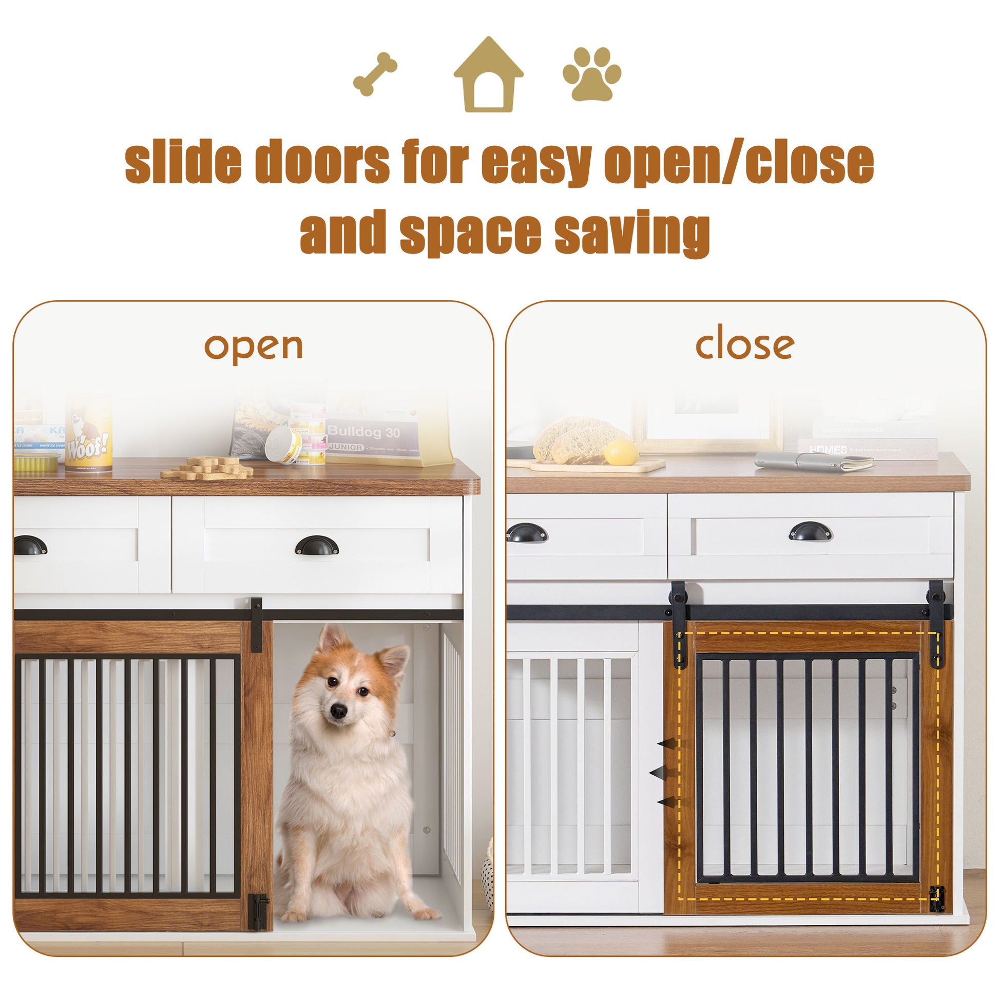 Heavy Duty Furniture Style Dog Cage Wooden Dog Cage Double Door Dog Cage Side Cabinet Dog Cage Dog Crate 44 1 2"W *22 3 4"D *33 1 4"H White Walnut American Design Particle Board