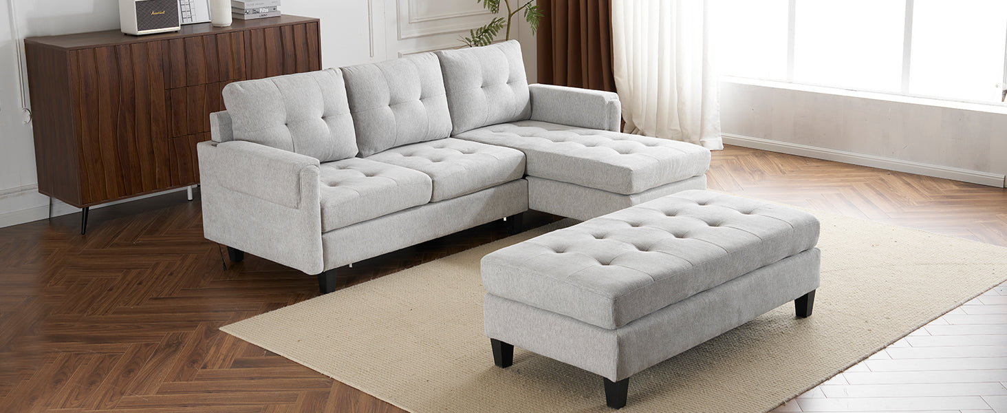 83.4" L Shaped Sofa Sectional Couch Sofa Bed With Two Usb Ports, A Movable Ottoman And A Reversible Chaise Lounge For Living Room, Grey Grey Foam Chenille 5 Seat