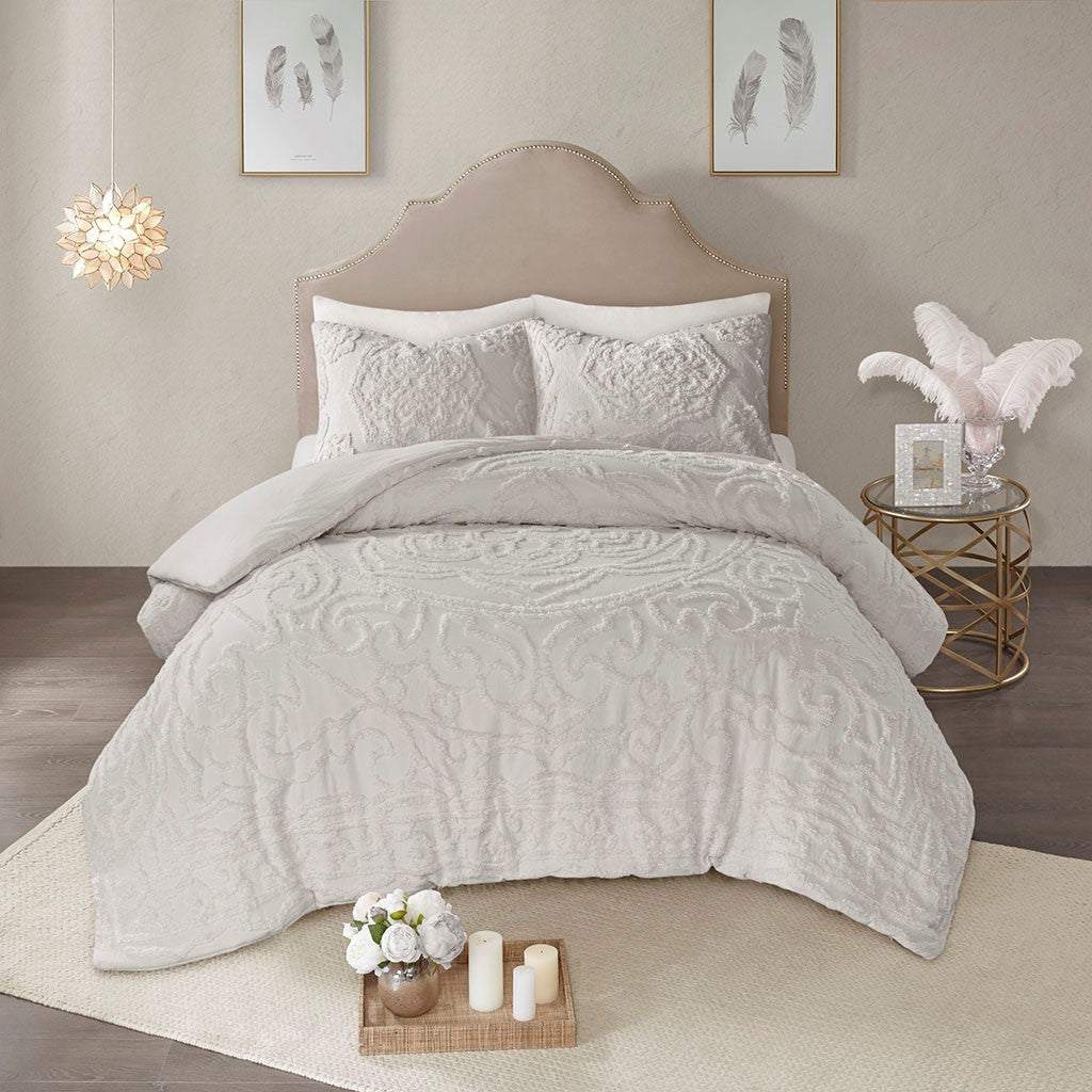 3 Piece Tufted Cotton Chenille Medallion Duvet Cover Set King Light Gray Cotton