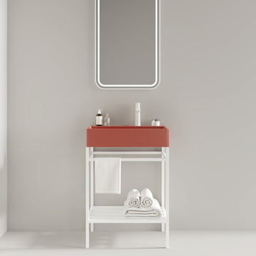 Lofi 24" Bathroom Vanity With Ceramic Basin, Freestanding Bathroom Console Sink Set, Glossy Red Rectangular Ceramic Basin Without Faucet, Open Metal Leg, Storage Shelves, White White Red Bathroom