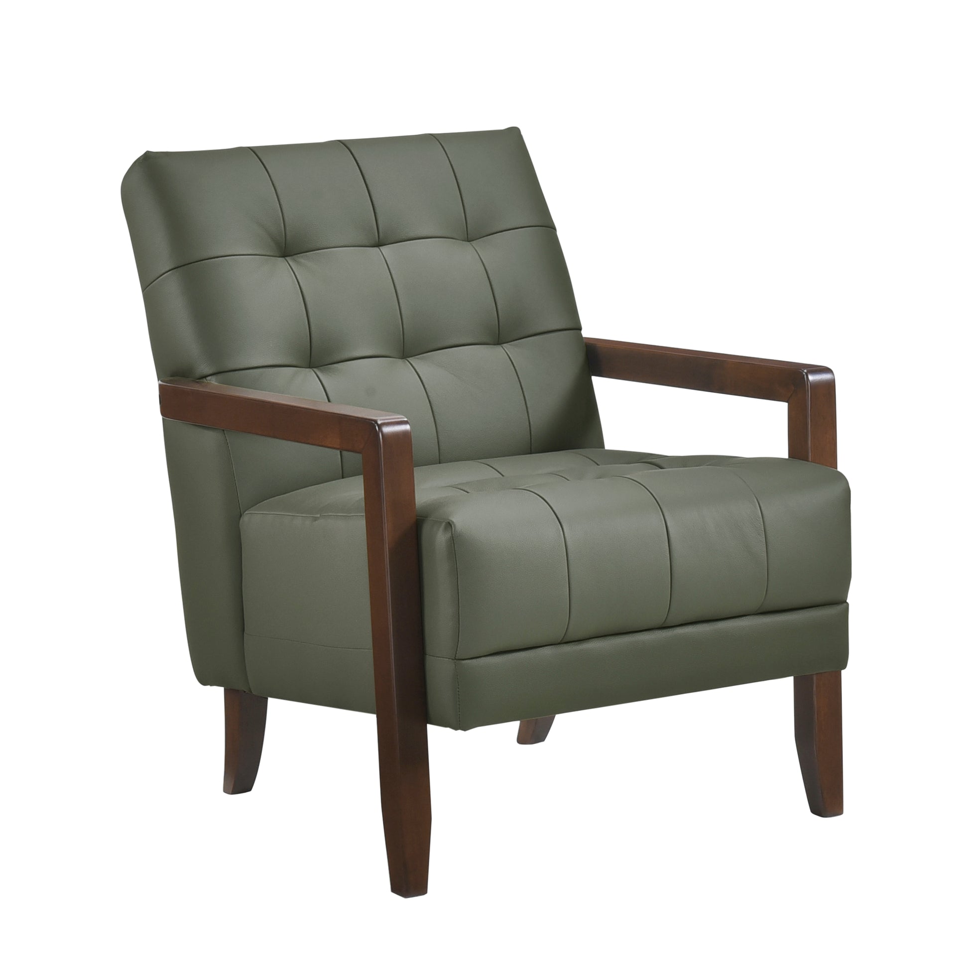 Modern Style Accent Chair Green Leather Upholstered Tufted Detail Walnut Finish Wood Furniture 1Pc Green Primary Living Space Contemporary,Modern Plywood