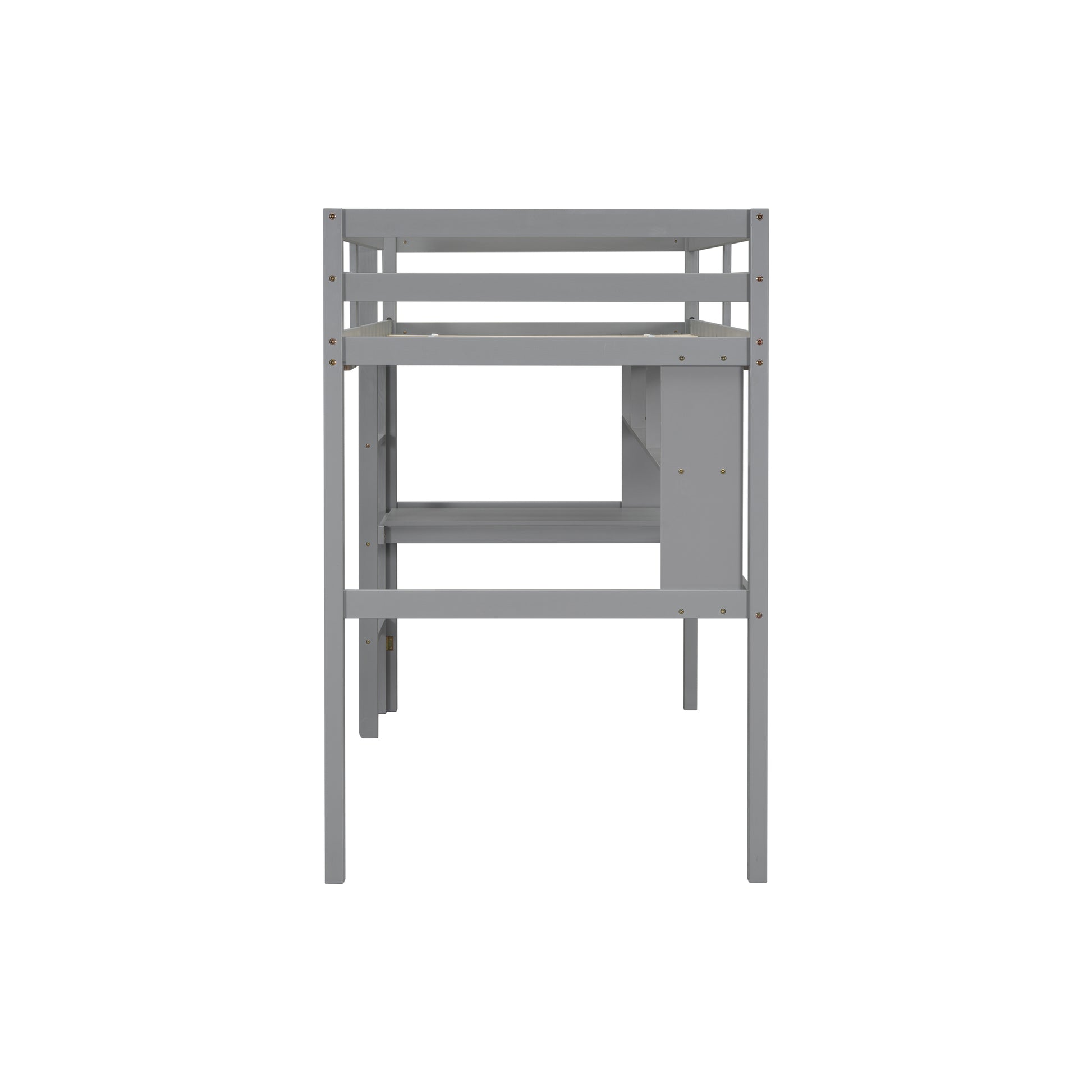 Twin Loft Bed With Built In Desk And Bookcase Of Three Compartments, Guardrails And Ladder,Grey Twin Grey Pine