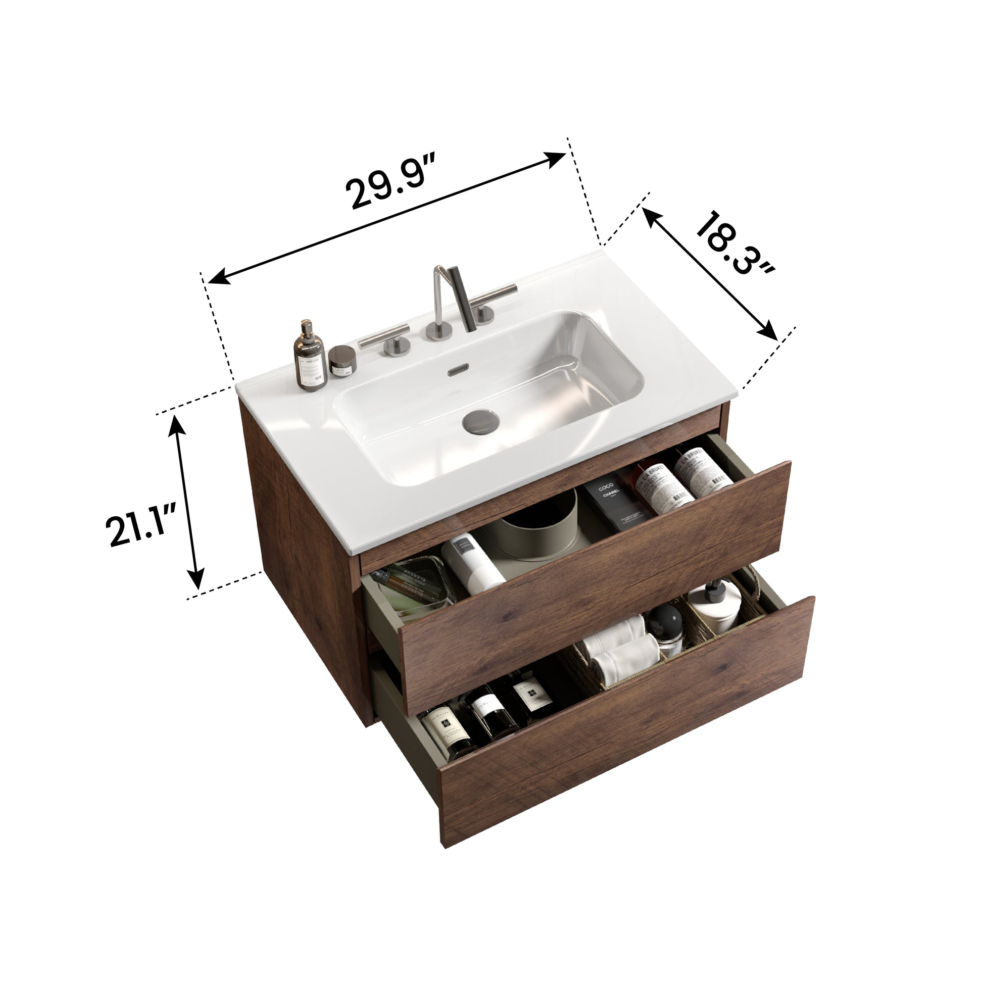 Wall Mount 30" Walnut Bathroom Vanity With Ceramic Sink With Three Faucet Holes, Large Storage Floating Bathroom Vanity For Modern Bathroom, One Piece Sink Basin Without Drain, Pre Assembled Walnut Bathroom Modern Ceramic Mdf