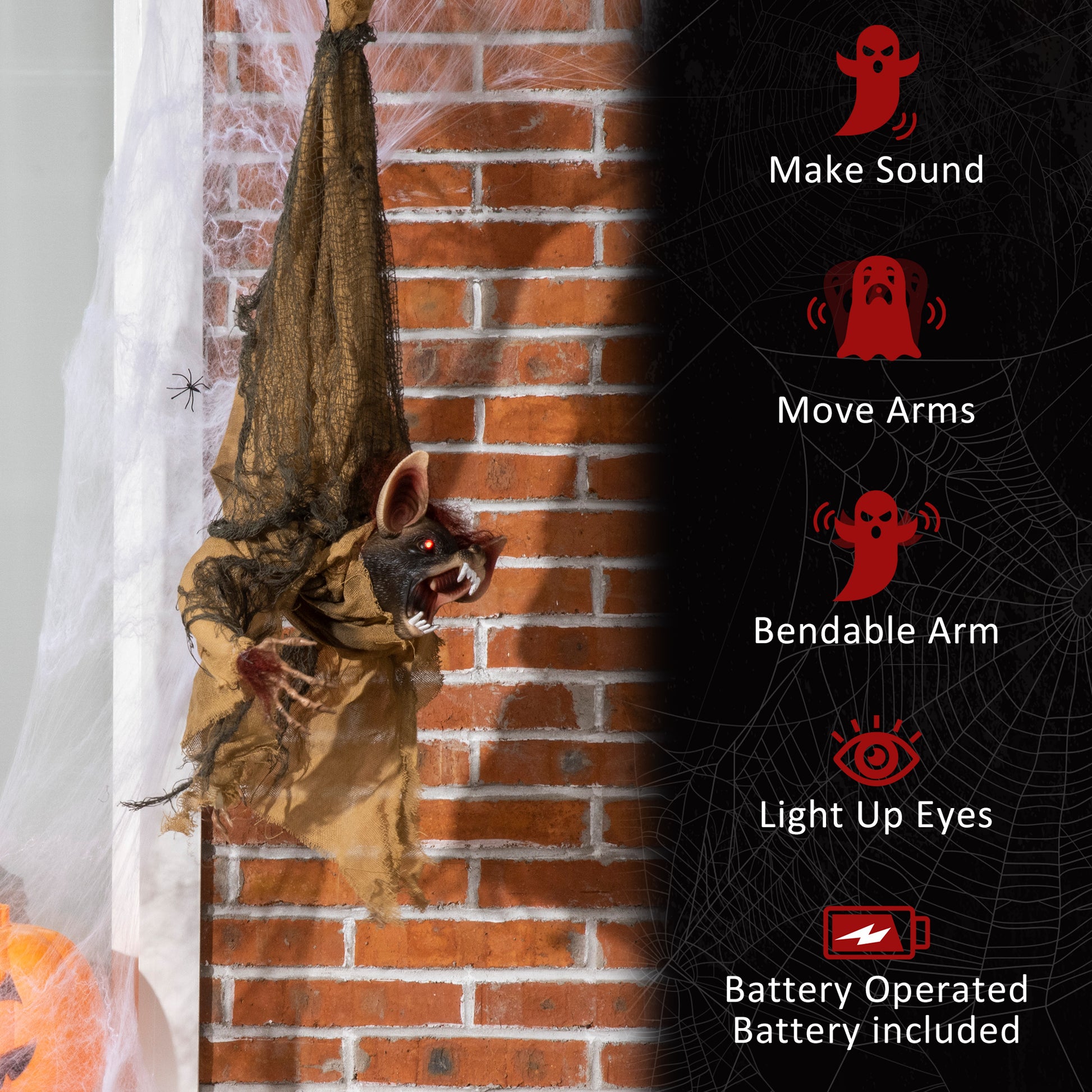 Outsunny 28" Life Size Outdoor Halloween Decorations Hanging Bat Opening Month, Animated Prop With Sound And Motion Activated Light Up Eyes, Spooky Sound And Laughter Brown Polyester