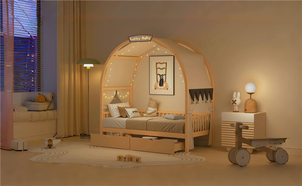 Twin Size Bed With Arched Roof And 2 Drawers, Natural Twin Natural Plywood