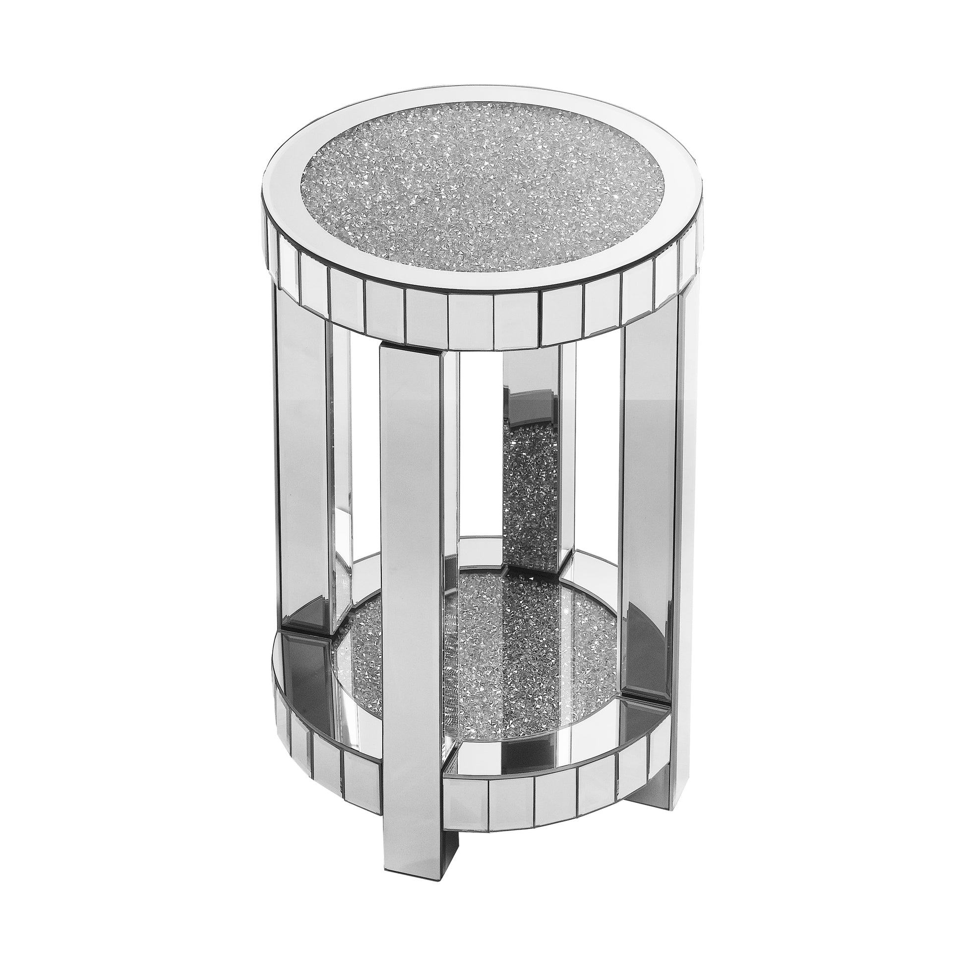 Mirror Round Table With Crystal Inlay, 2 Layer Modern Small Sofa Table With Storage Space, Silver Decorative Table Suitable For Living Room, Bedroom, Coffee And Small Spaces Mirrored Finish Primary Living Space Round Silver Floating Desk American Design