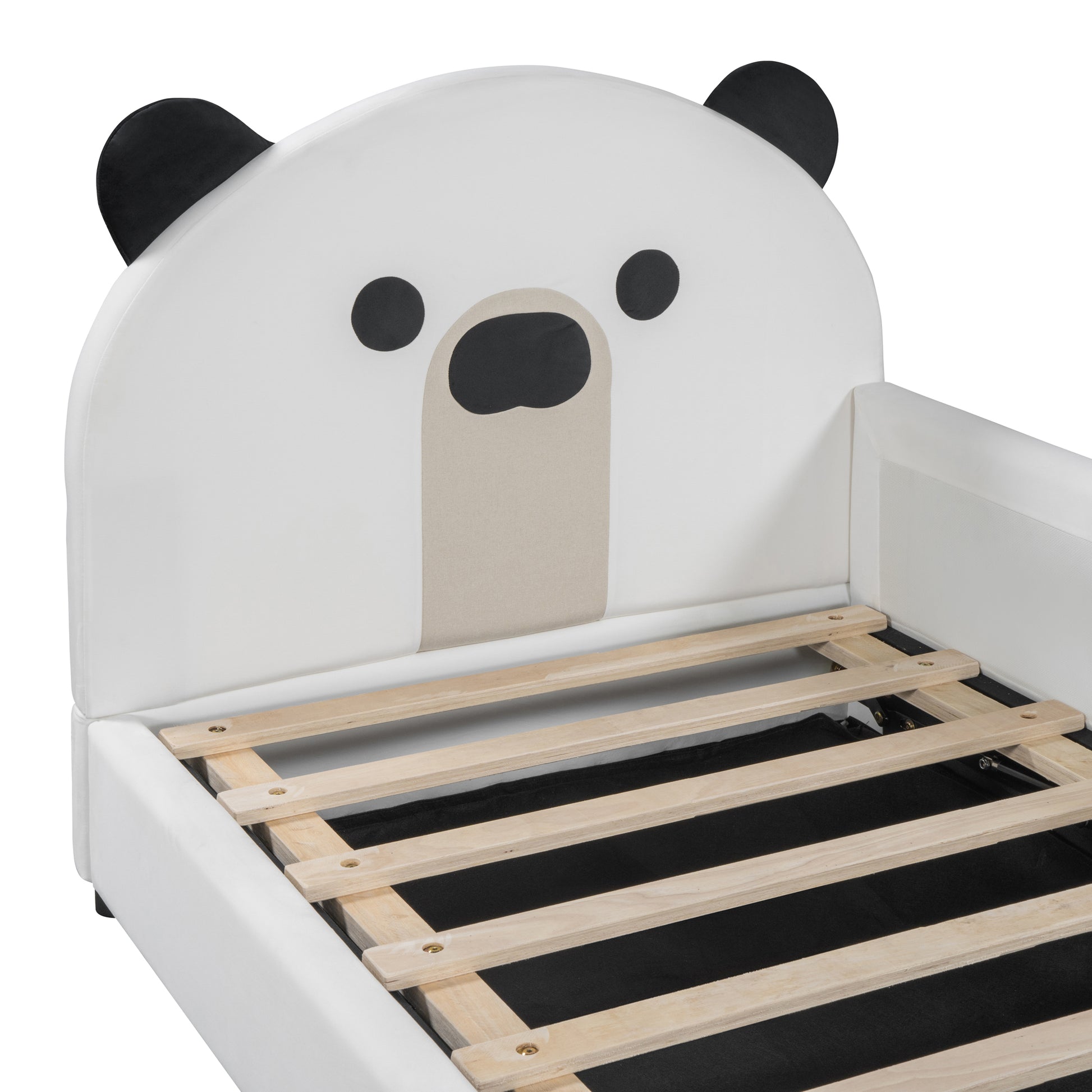 Twin Size Upholstered Daybed With Bear Shaped Headboard, Hydraulic System Andmesh Fence, White White Velvet