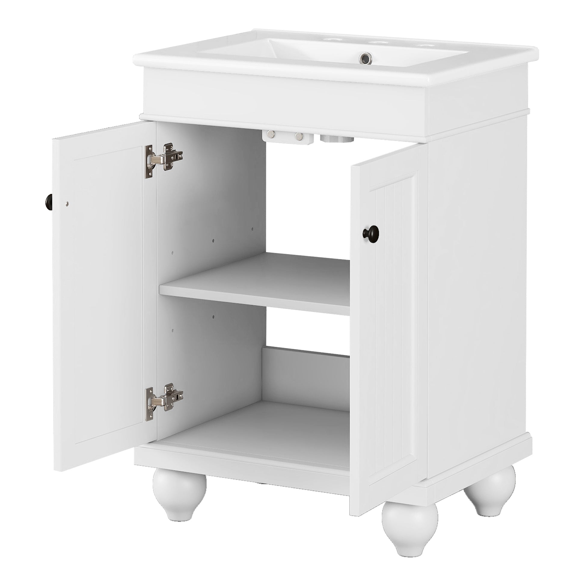 24" White Modern Sleek Bathroom Vanity Elegant Ceramic Sink With Solid Wood Frame, Adjustable Shelf White Solid Wood Mdf