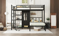 Metal Full Xl Over Twin Bunk Bed With Desk,Bookshelf ,Storage Shelves And Wardrobe,Black Black Metal