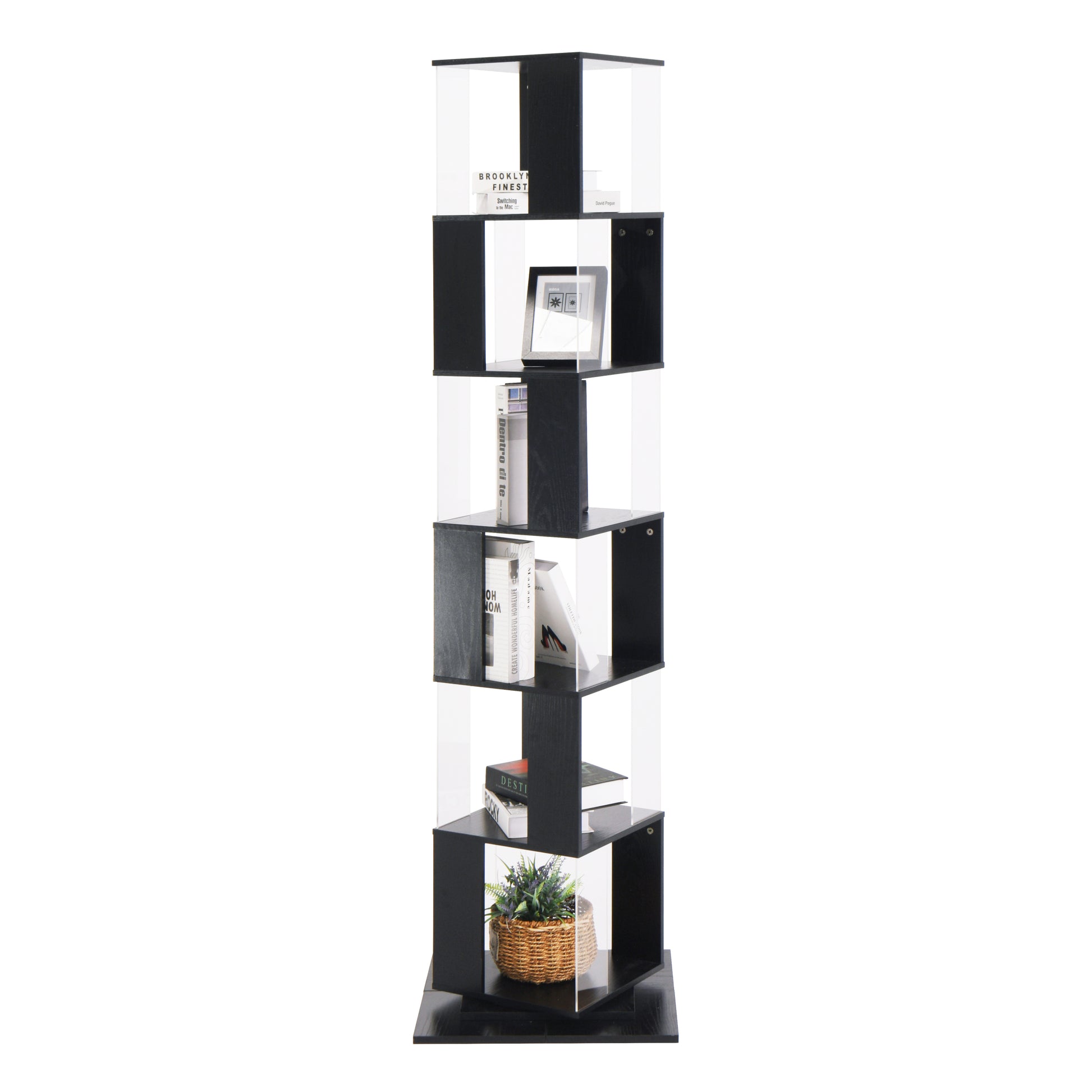 6 Tier Rotating Bookshelf, Floor Rack Simple Bookcase With Acrylic Plate Student Multi Function Creative Bookshelf For Living Room With Anti Toppling Base Black Particle Board