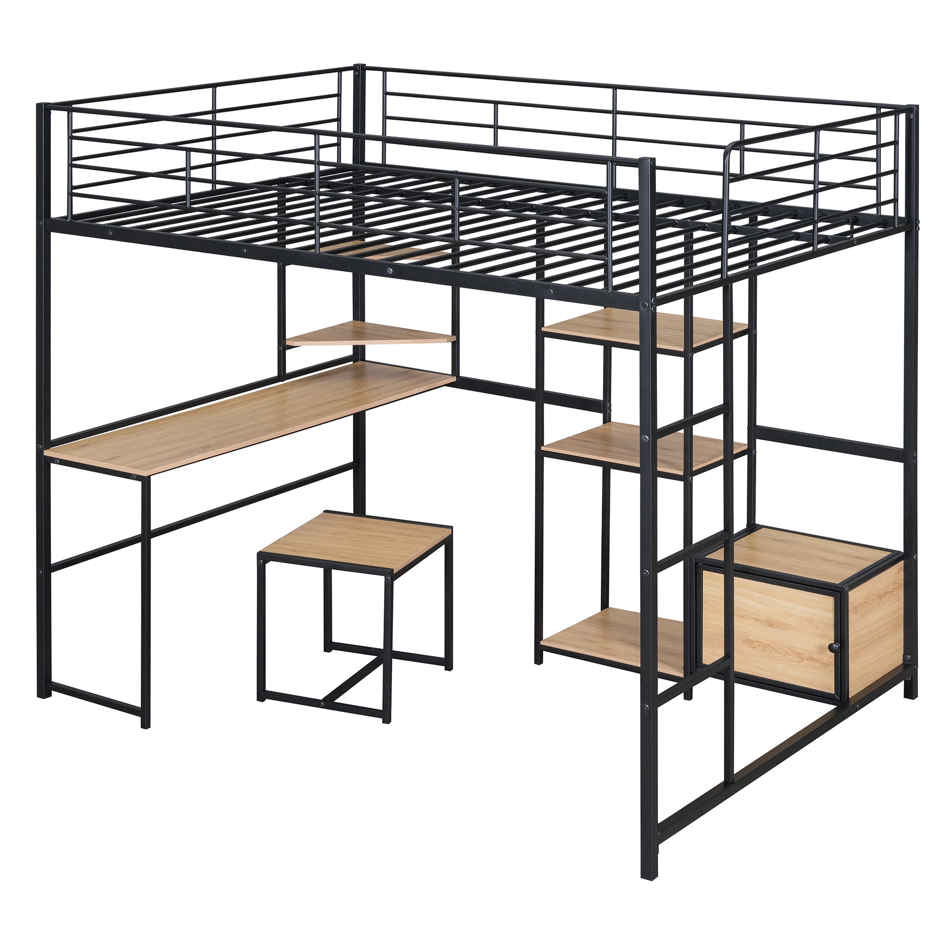 Full Size Loft Bed With Desk And Stool, Metal Loft Bed With Open Style Wardrobe, Shelves And Cabinet, Black Full Black Metal & Wood