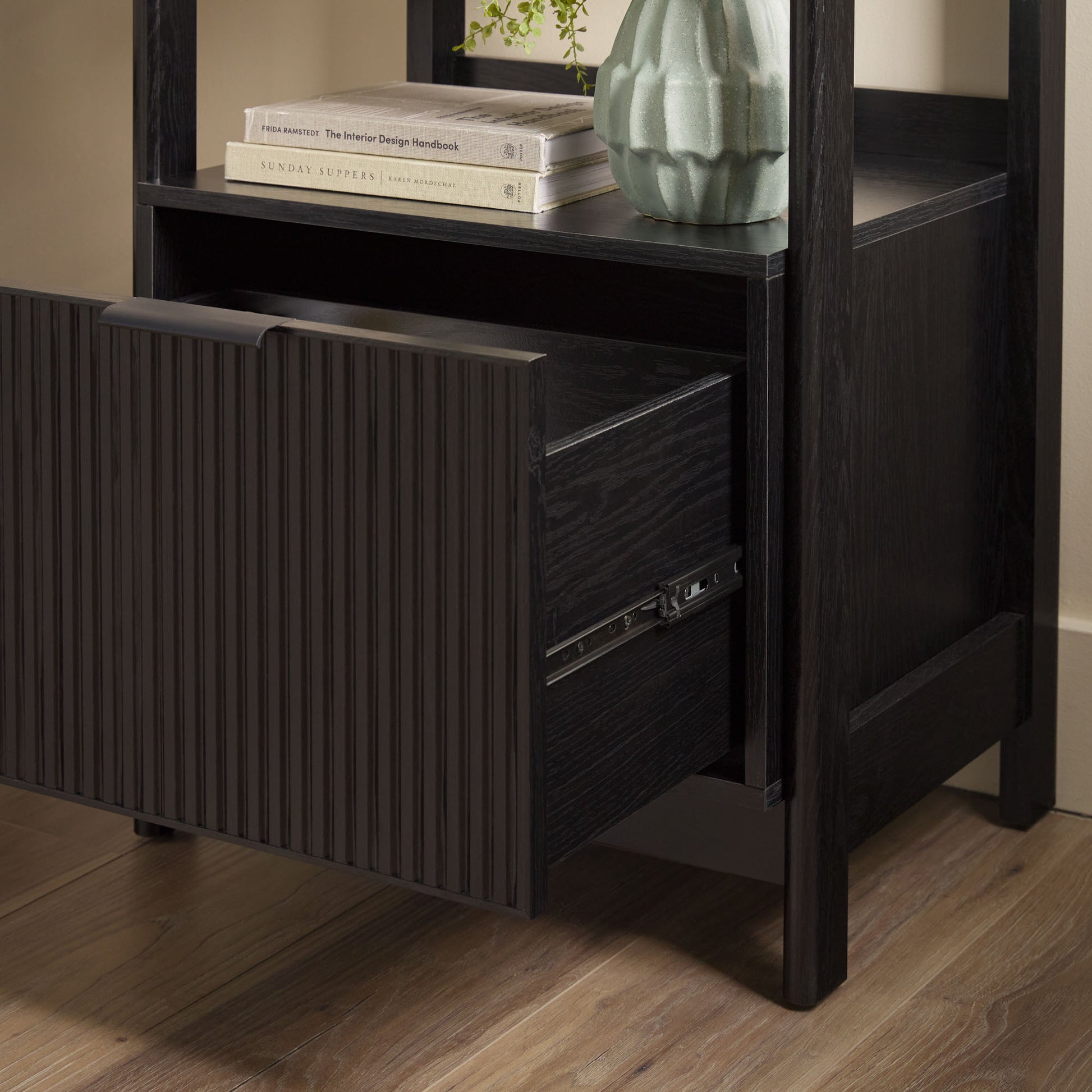 Transitional Narrow Bookshelf With Drawer On Bottom Black Black Mdf Mdf