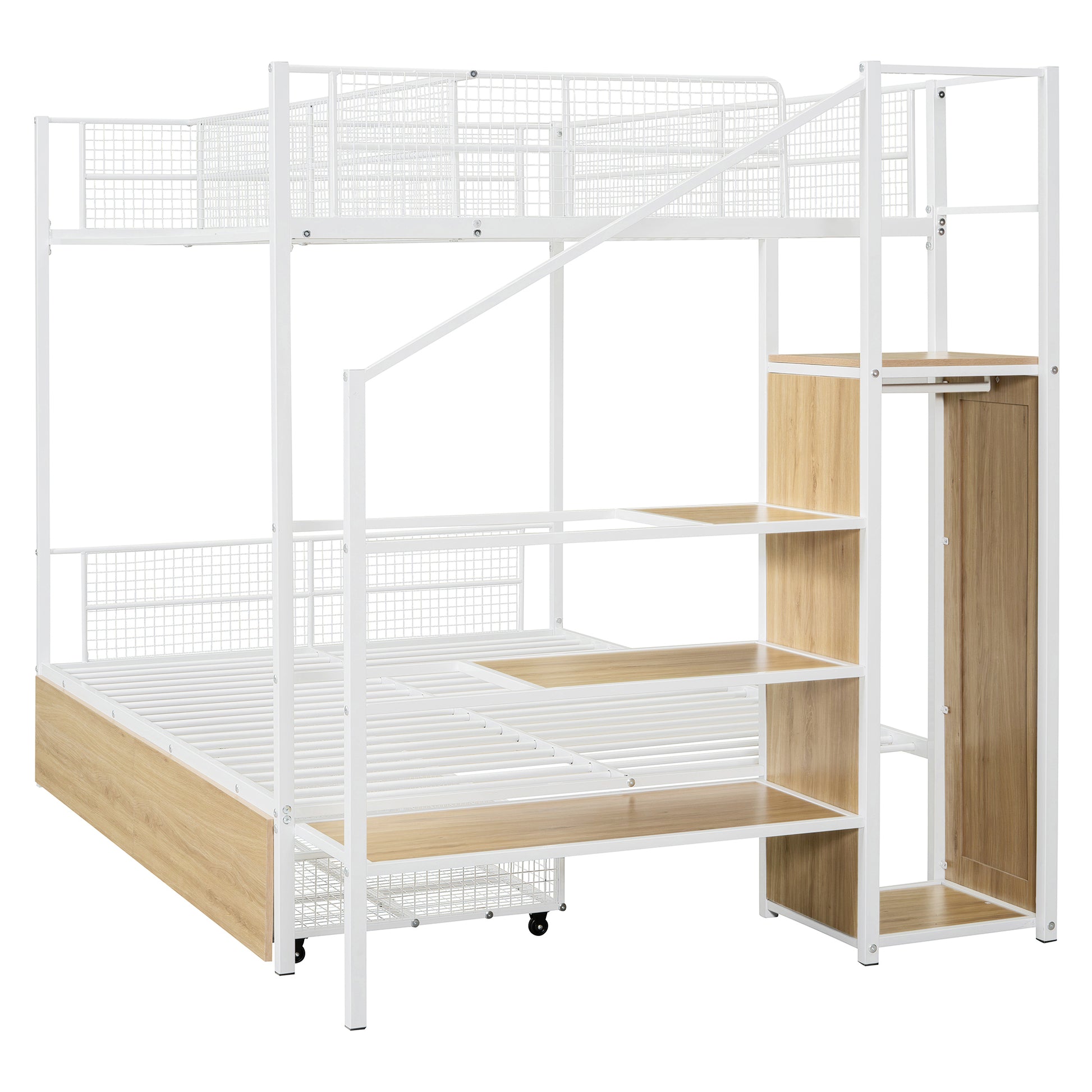 Twin Over Full Metal Bunk Bed With Drawer And Lateral Storage Ladder And Wardrobe, White White Metal