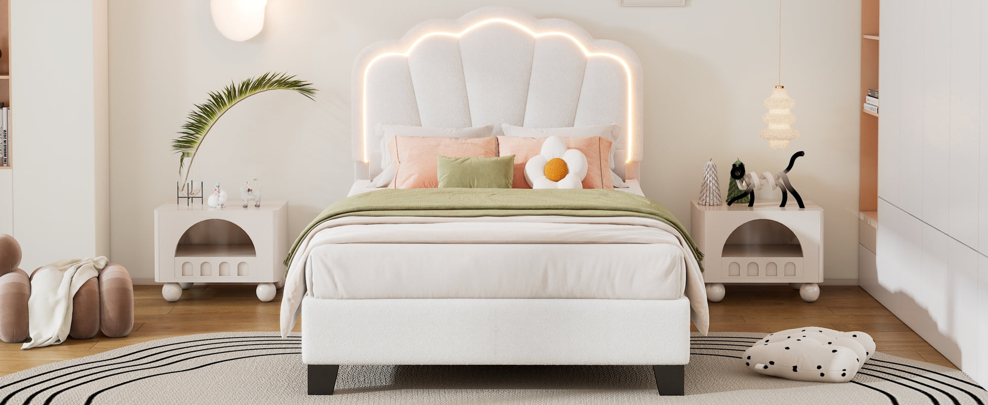 Twin Size Upholstered Flower Shape Bed, Elegant Flowers Headboard With Led Light Stripsherpa Fabric Platform Bed With Wooden Slats Support, White Twin White Wood