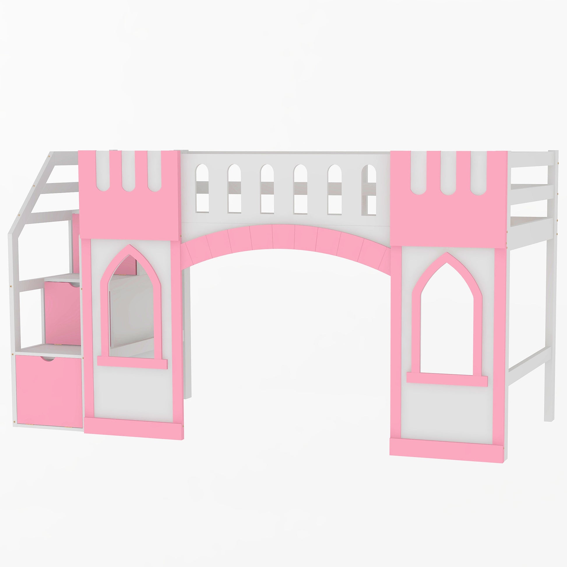 Twin Size Loft Bed With Storage Staircase And Window, Pink Box Spring Not Required Twin Pink Wood Bedroom Solid Wood Mdf