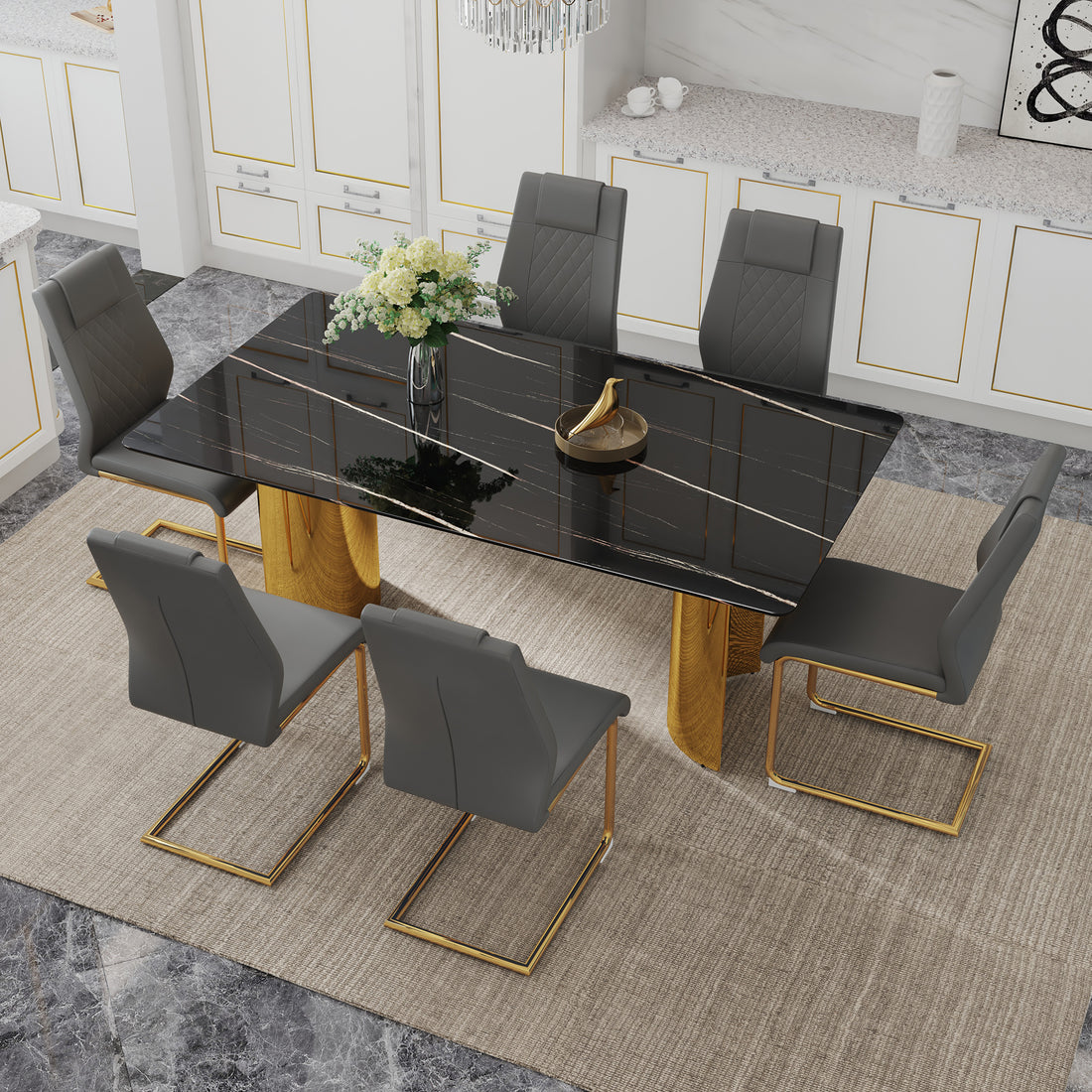 Table And Chair Set.The Table Has A Glass Tabletop With Imitation Marble Pattern Stickers And Stainless Steel Golden Table Legs. Paried With Comfortable Chairs With Pu Seats And Metal Legs. Gold Black Seats 6 Glass Metal