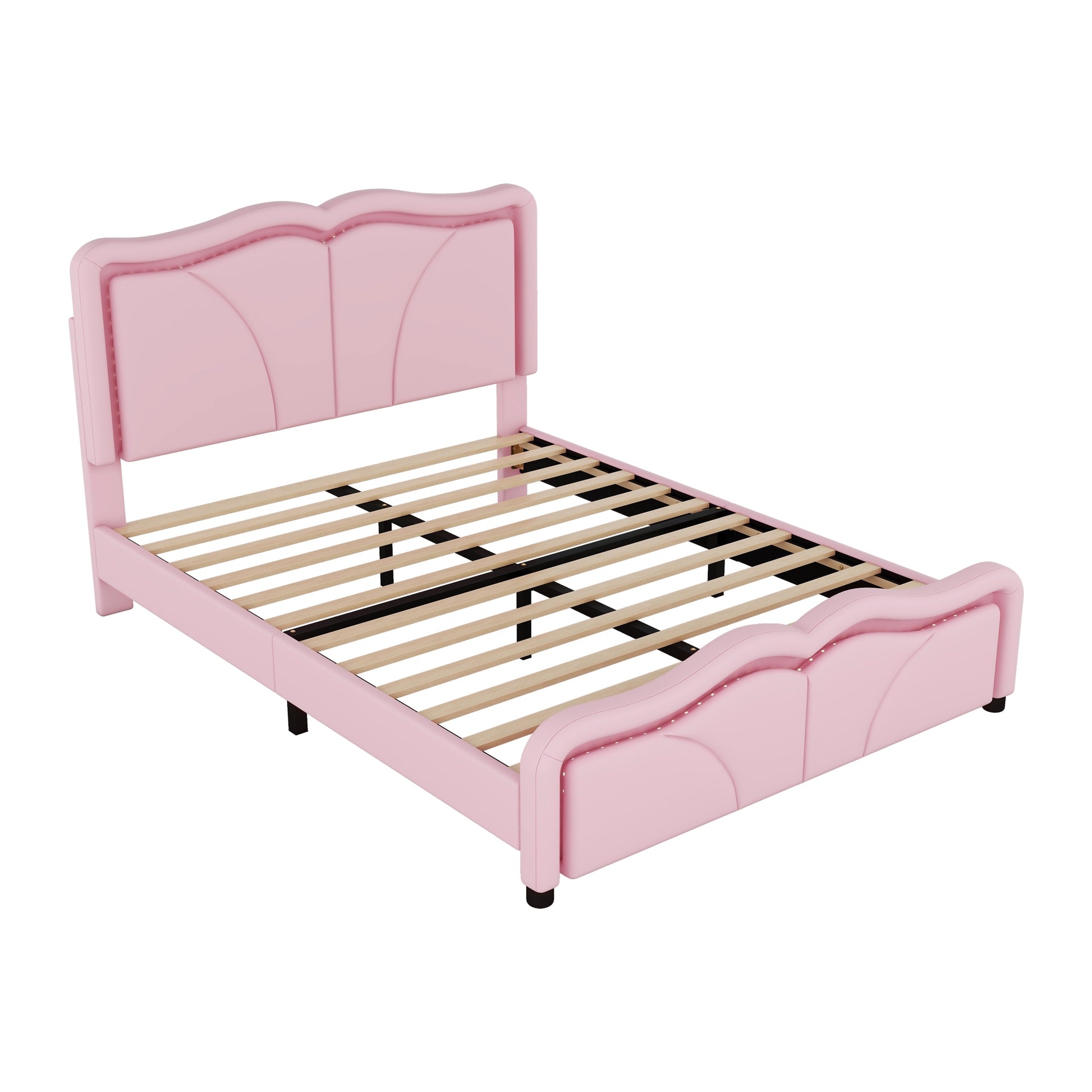 Full Size Upholstered Platform Bed With Curve Shaped And Height Adjustbale Headboard,Led Light Strips,Pink Full Pink Upholstered