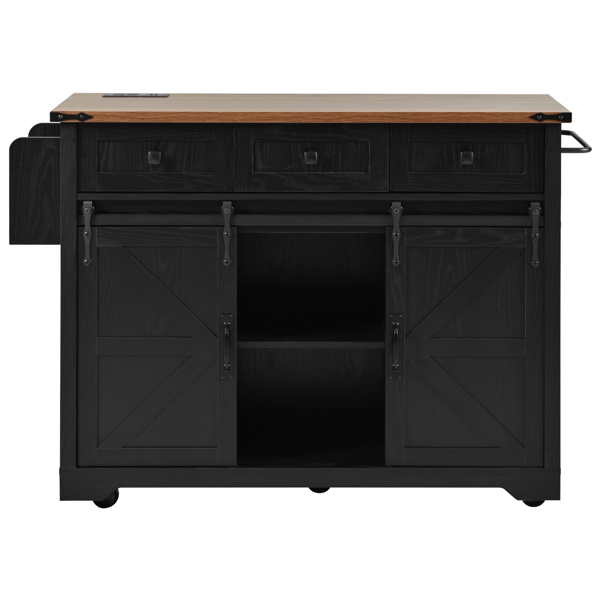 K&K 53.7" Farmhouse Kitchen Island With Power Outlet, 2 Sliding Barn Door Kitchen Storage Island With Drop Leaf, Spice Rack Rolling Kitchen Cart On Wheels, For Home, Kitchen And Dining Room, Black