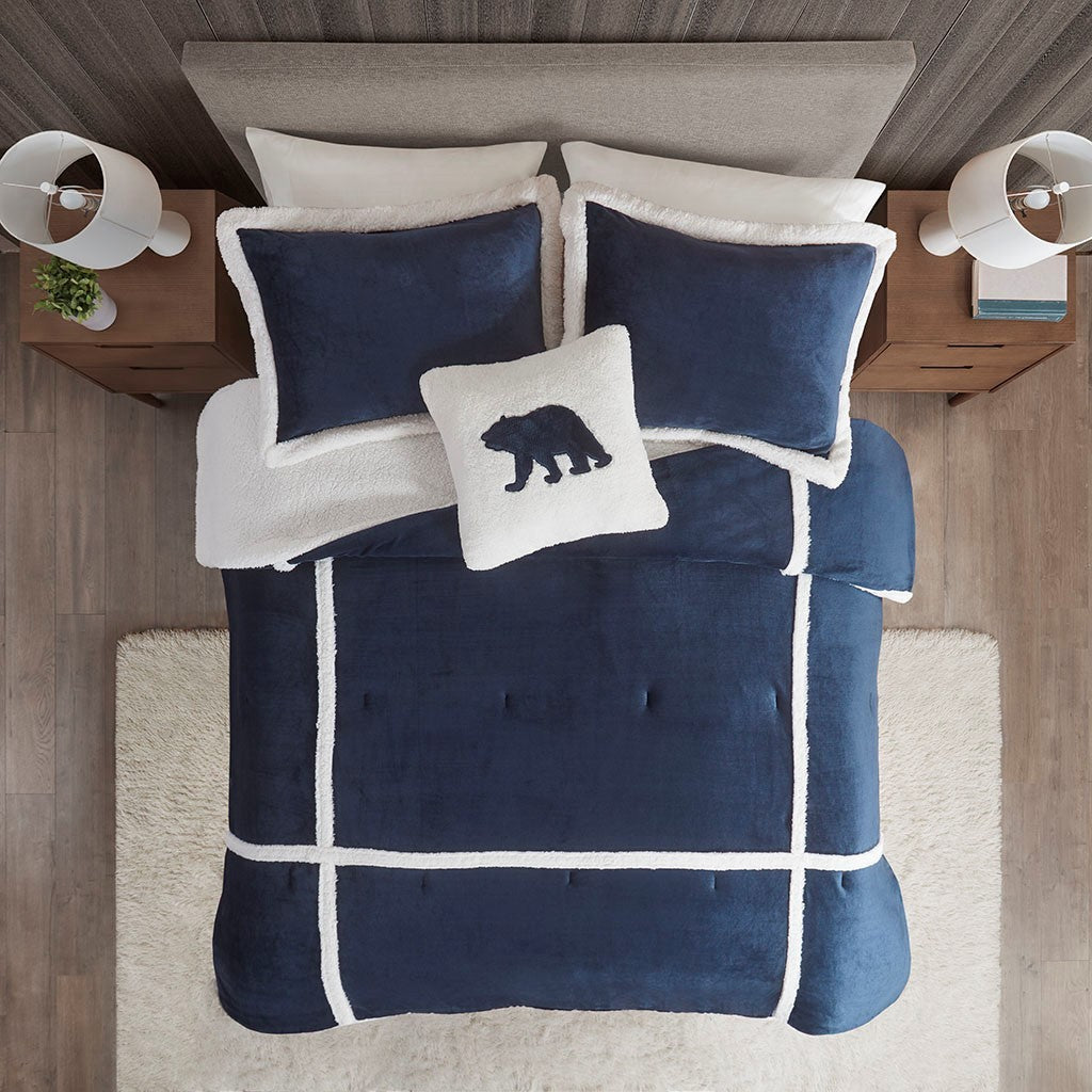 Plush To Sherpa Comforter Set Twin Navy Polyester