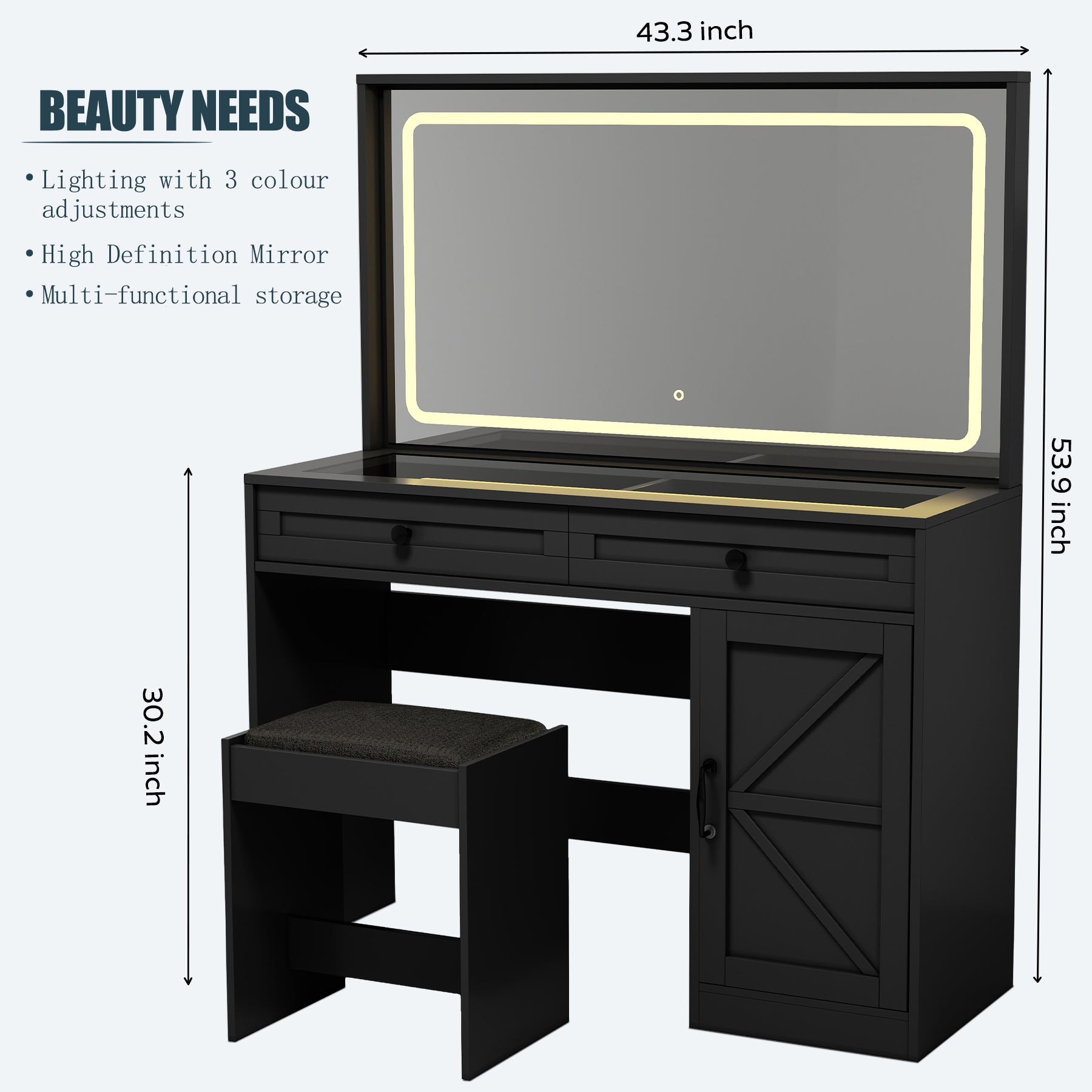 43.3"Makeup Vanity Table, Makeup Table With Large Mirror And Led Light Strip, Brightness Adjustable, Dressing Table Desk With 3 Drawers, Vanity Desk For Women Black With Stool Black Particle Board