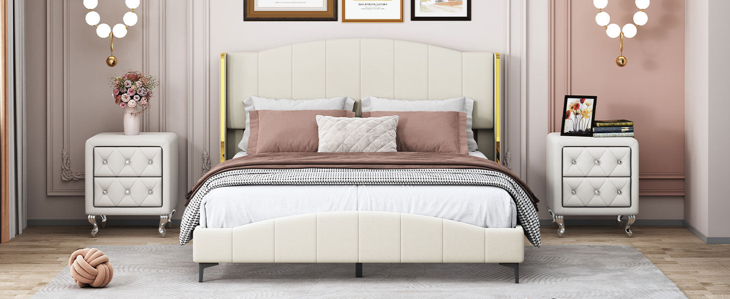 3 Pieces Bedroom Set With Queen Size Pu Leather Upholstered Platform Bed And Elegant Pu Nightstand With 2 Drawersbeige Box Spring Not Required Queen Beige 3 Piece Set Pu