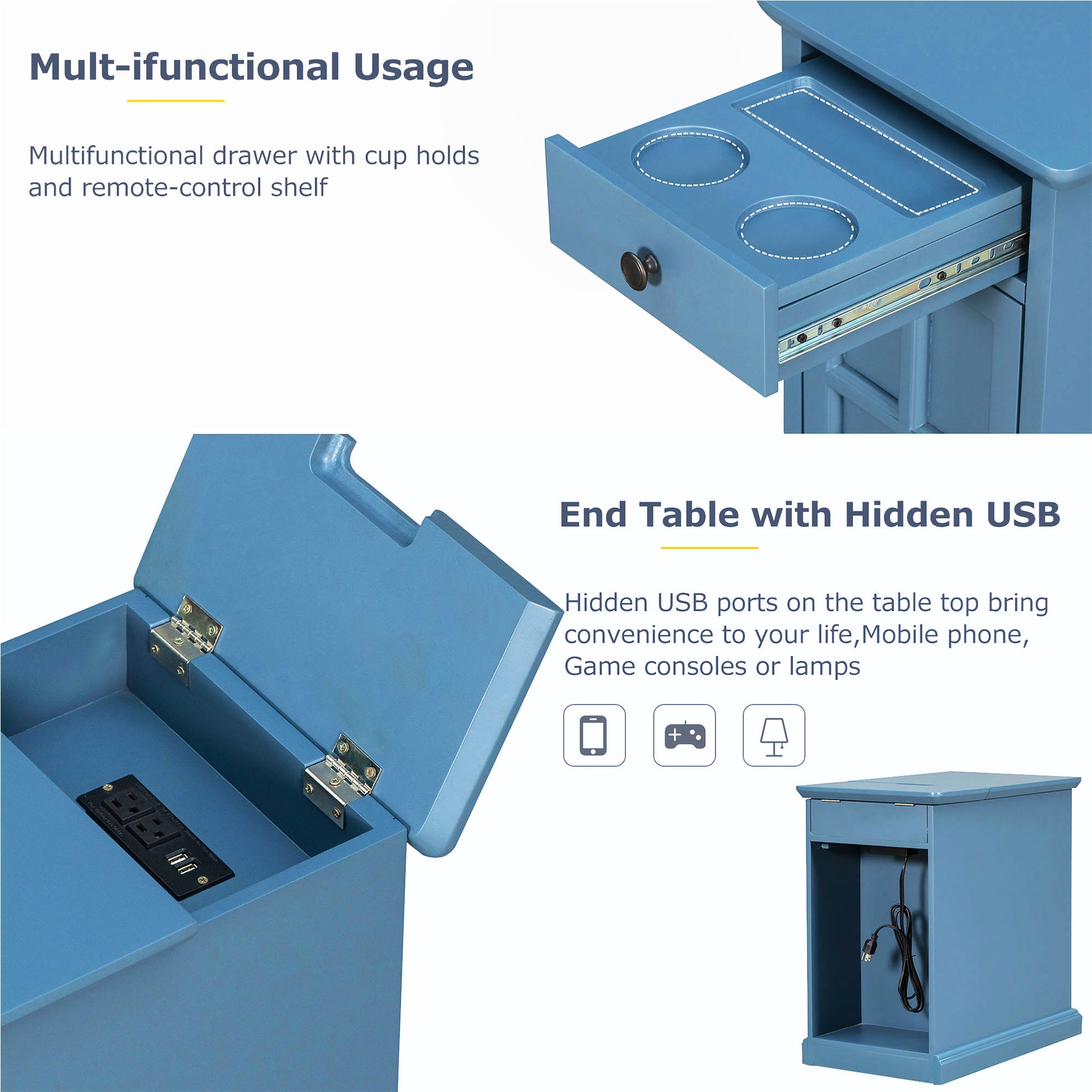 Classic Vintage Livingroom End Table Side Table With Usb Ports And One Multifunctional Drawer With Cup Holders, Antique Navy Antique Navy Solid Wood