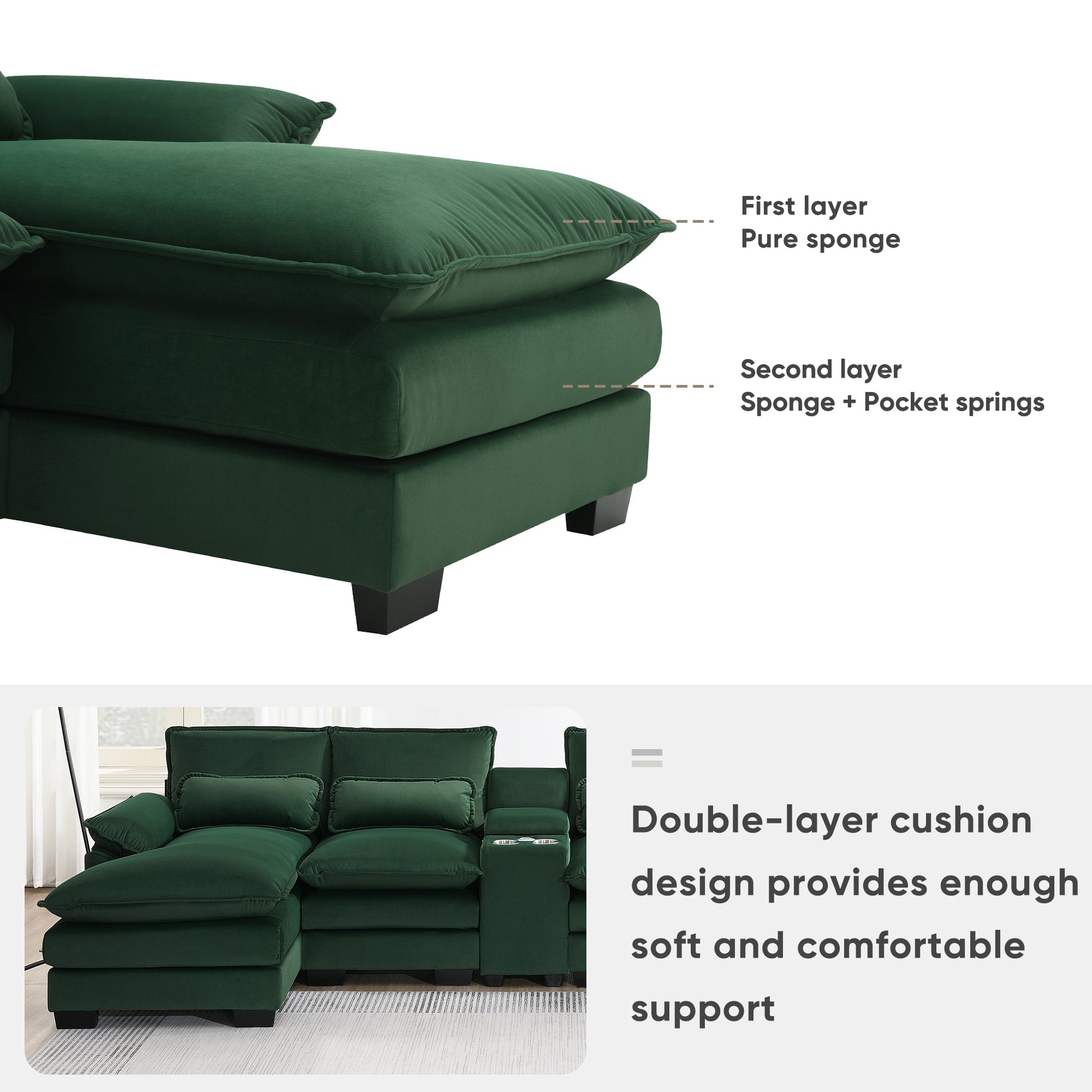 123*55" Modern U Shaped Sofa With Console,Cupholders And Usb Ports,6 Seat Upholstered Symmetrical Indoor Furniture,Sleeper Couch Set With Chaise For Living Room,Apartment,5 Colors Green Velvet 6 Seat