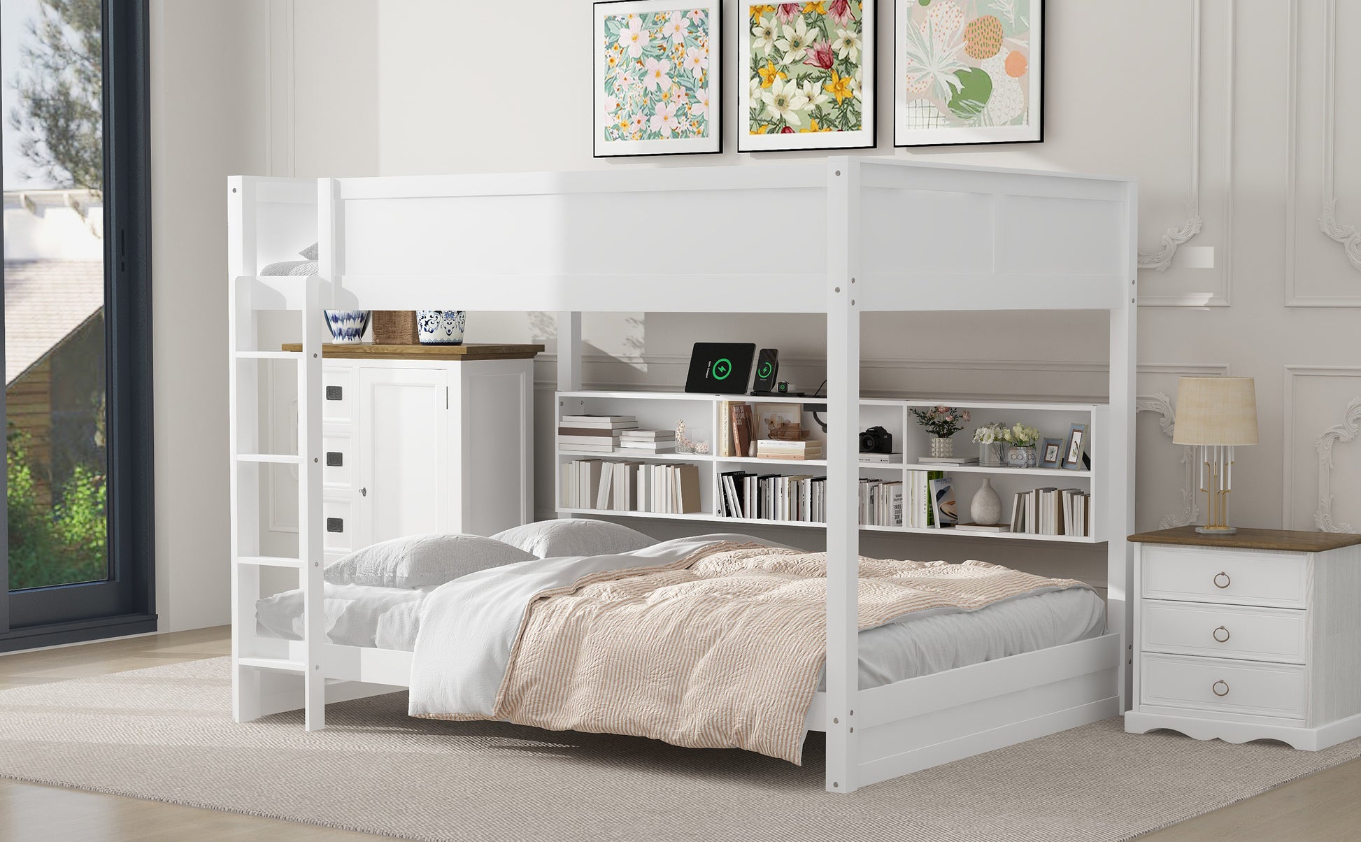 Queen Over Queen Bunk Bed With Storage Cabinets And Usb Ports, White Expected Arrival Time: 10.26 White Solid Wood Mdf