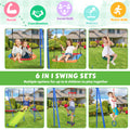 6 In 1 Swing Set For Kids, Toddle Outdoor Swing And Slide Set, Backyard Playground Playsets With Climbing Rope Ladder, Disc Swing, Monkey Bar Swing, Slide And Climbing, Saucer Swing, Swing Ring Blue