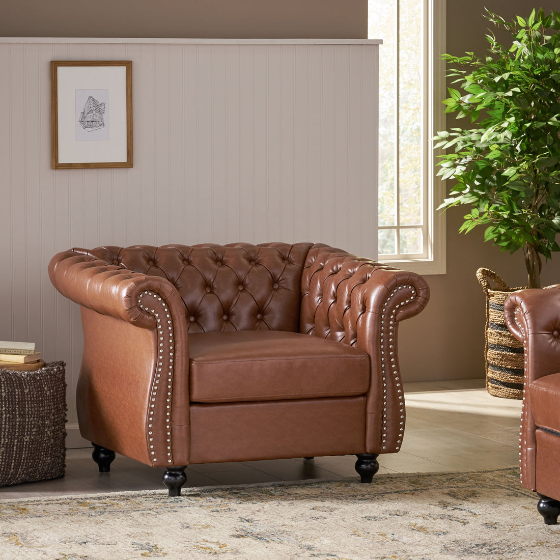 Comfy Arm Chair With Tufted Backmodern For Living Room, Bedroom And Study Brown Pu