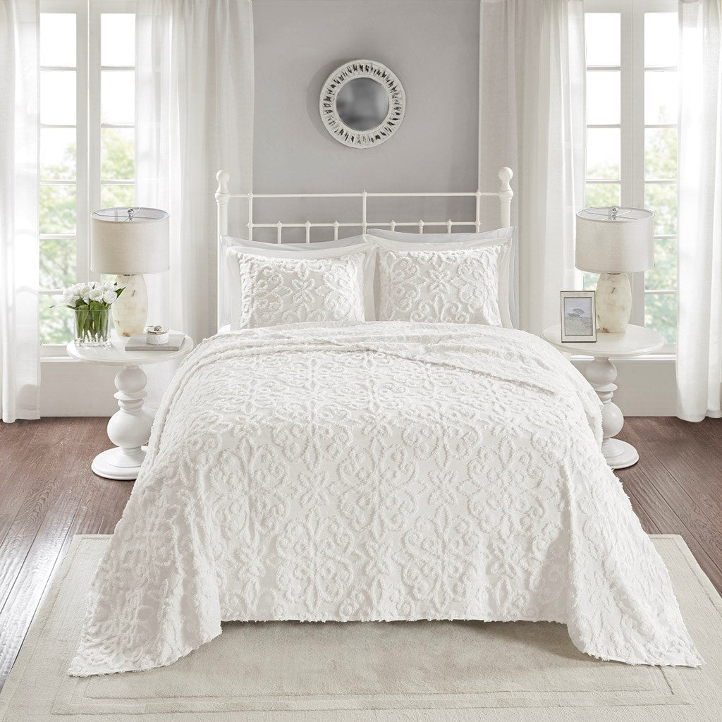 3 Piece Tufted Cotton Chenille Bedspread Set Off White King Cal King Off White Cotton