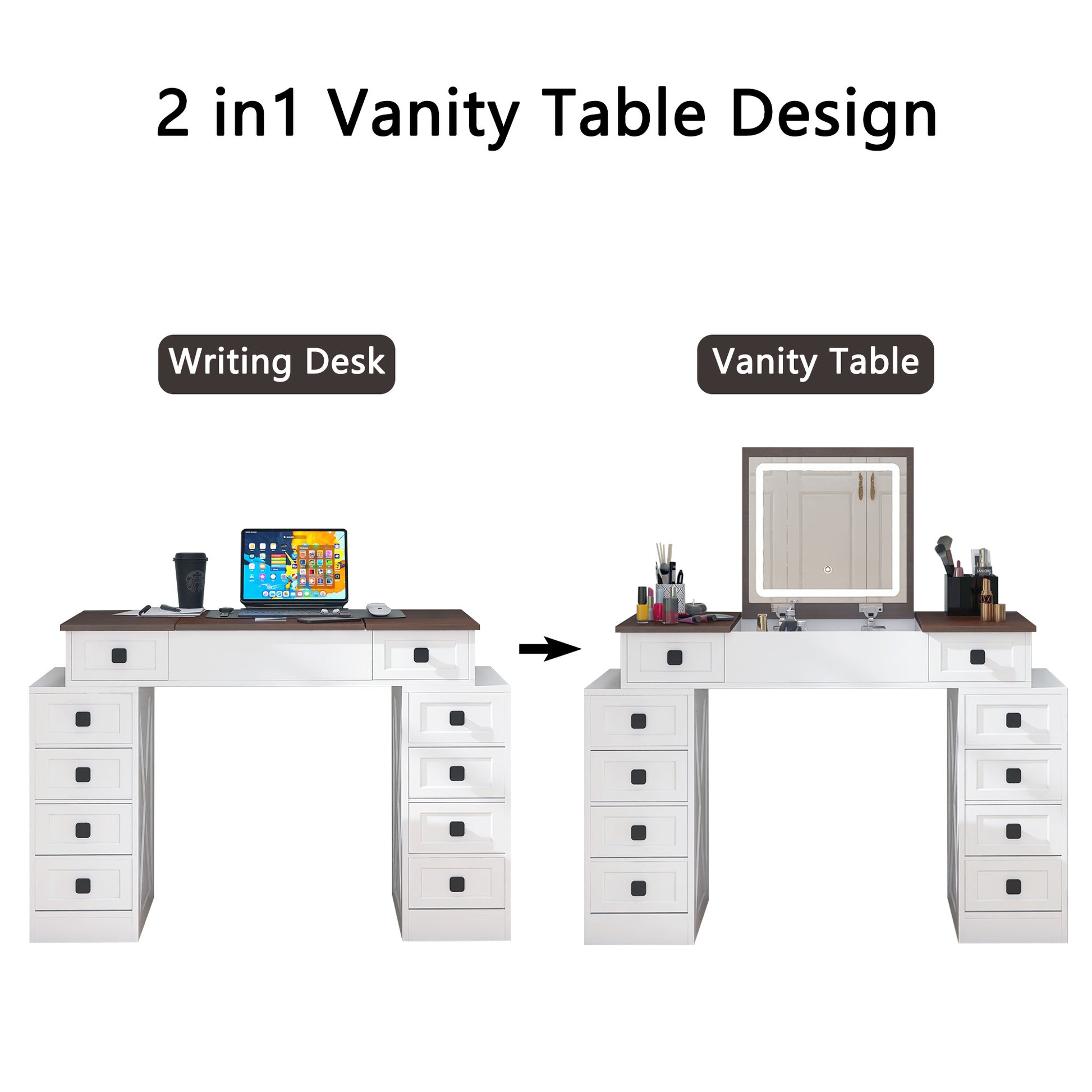 Vanity Desk With Dimmable Led Light With 10 Drawers, Makeup Table With Flip Up Mirror For Space Saving,Large Storage Vanity Table Set With Stool And Drawers, White Walnut Finish White Walnut Drawer