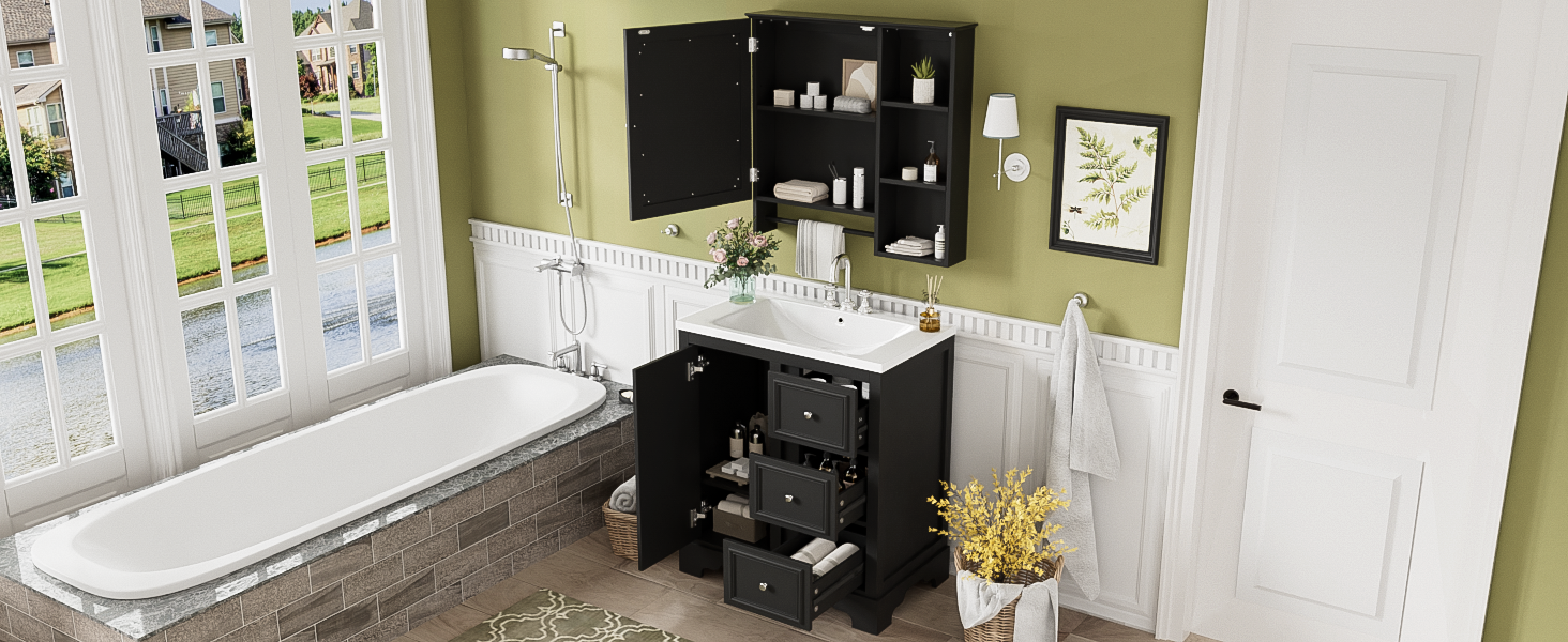 30 Inch Bathroom Vanity With Sink, Modern Elegant Bathroom Storage Cabinet With 3 Drawers And Adjustable Shelves, Freestanding Vanity Set With Mirror Cabinet, Single Sink Bathroom Vanity Black Bathroom Solid Wood Mdf Glass