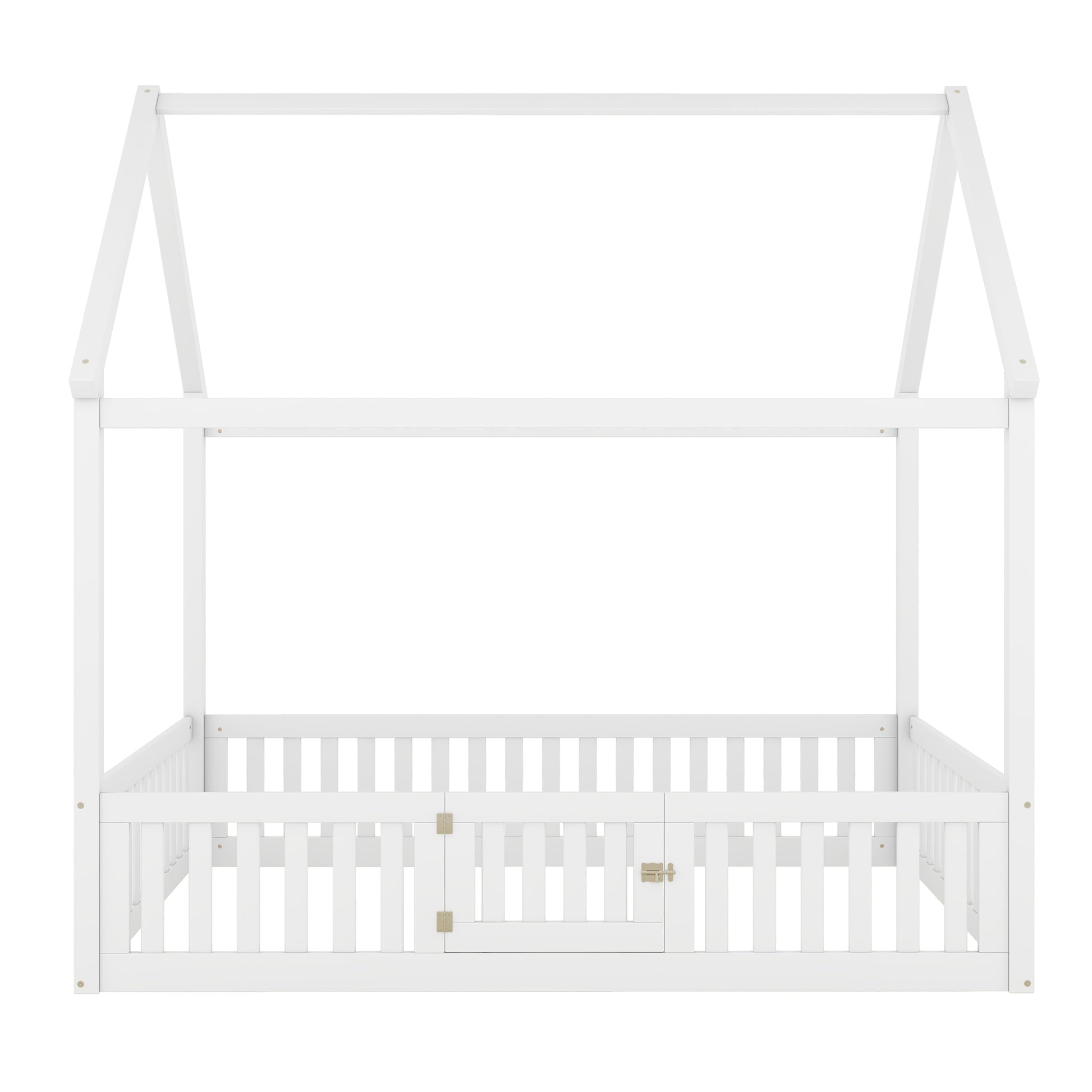 Full Size Wood House Bed With Fence And Door, White Old Sku: Wf303134Aak Box Spring Not Required Full White Wood Bedroom Bed Frame Pine