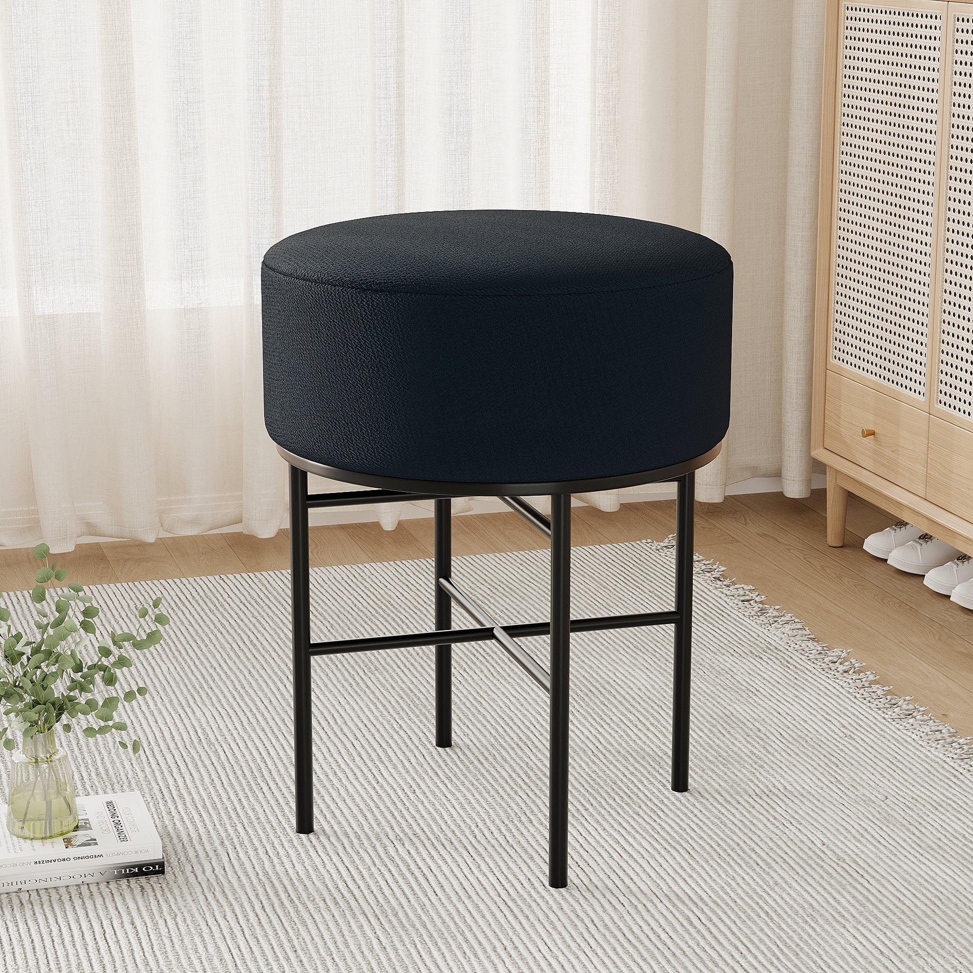 2 Pcs Round Cushioned Vanity Stool, Linen Upholstered Vanity Stool For Makeup Room, Modern Soft Stool For Bar And Dining, Ottoman Footrest Stool With Metal Legs For Living Room, Bedroom Black Black Vanity Stools Bedroom Round Minimalist,Modern Stackable