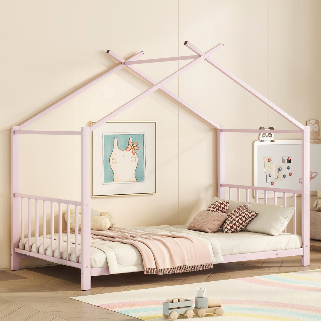 Twin Size Metal House Platform Bed, Pink Box Spring Not Required Twin Pink Metal Bedroom Bed Frame Metal