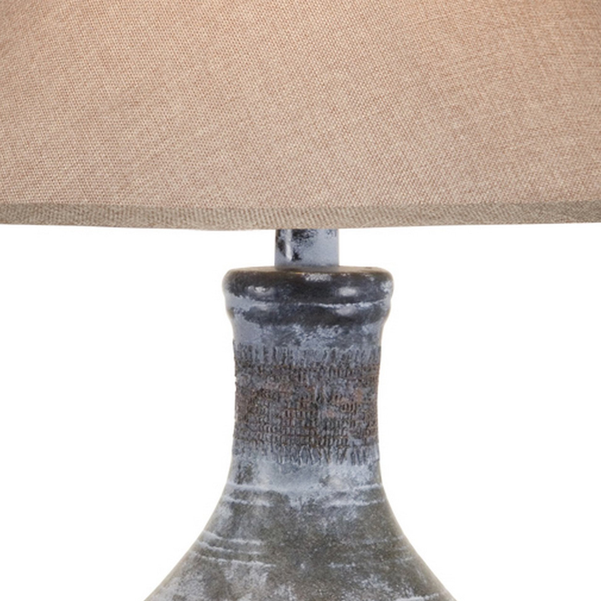 Niek 30 Inch Hydrocal Table Lamp, Empire Shade, Urn Base, Gray Wash Finish Gray Beige Fabric