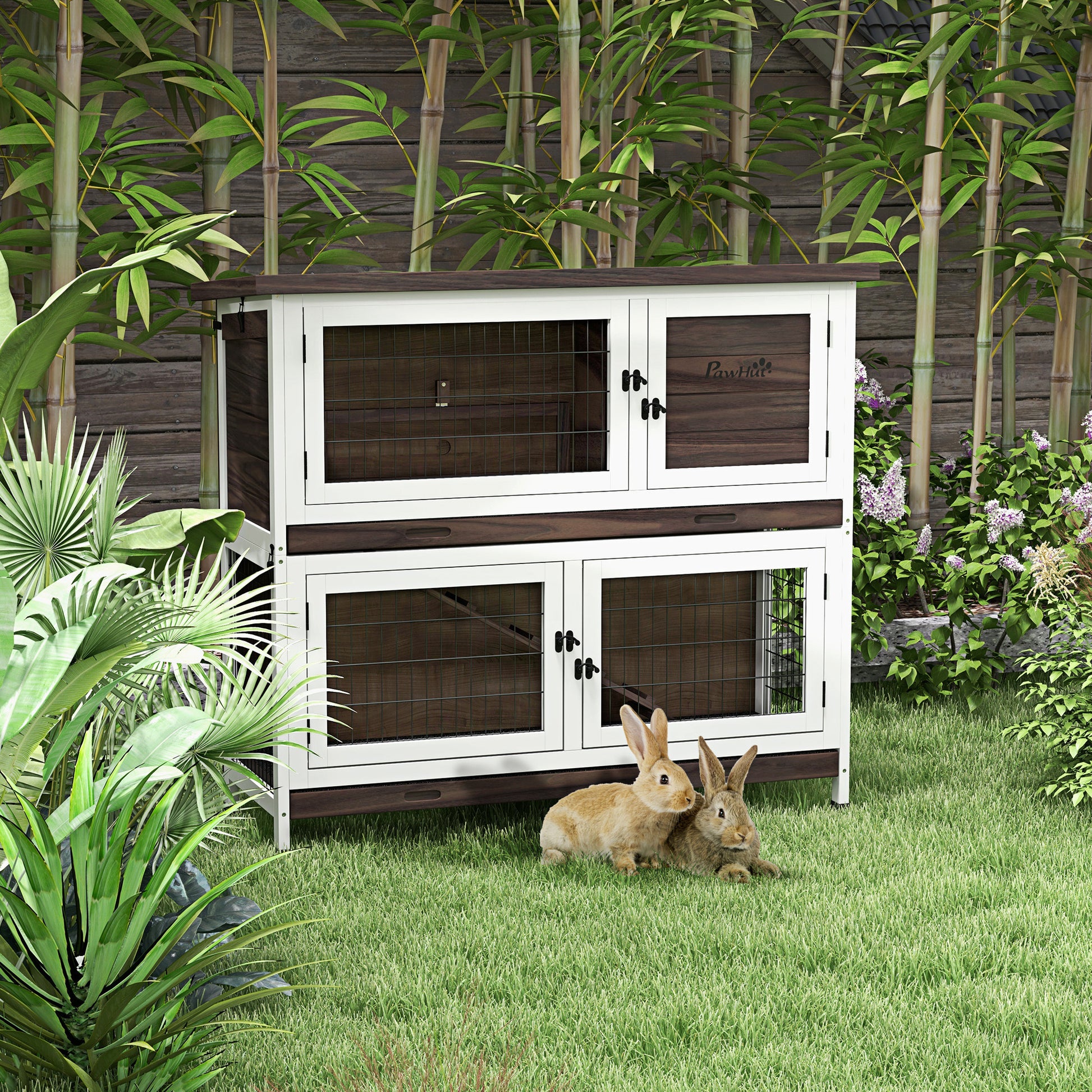 Pawhut Rabbit Hutch, Outdoor 2 Tier Rabbit Cage, 46" Wooden Guinea Pig Cage With Double Removable Trays, Ramp, Asphalt Roof For 1 2 Rabbits, No Screws Easy Installation, Brown Brown Wood