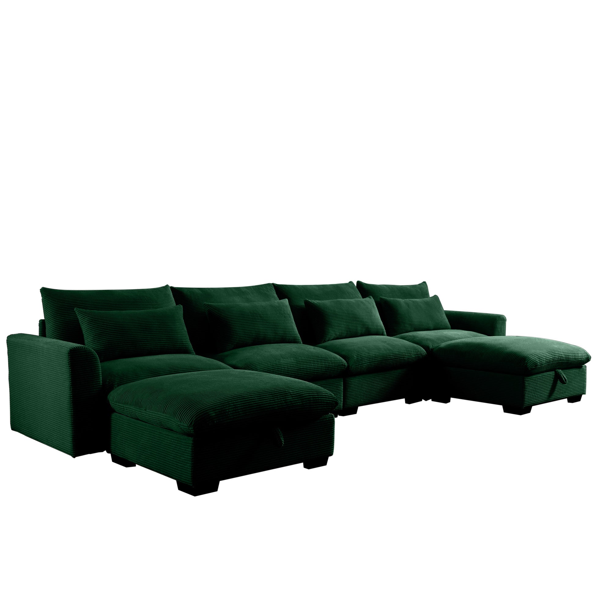 Big Deep Seat U Shaped Corduroy Sectional Couches For Living Room, 4 Seater Sofa Couch With 2 Storage Footstool And 4 Waist Pillows Corduroy, Green Green Corduroy 4 Seat