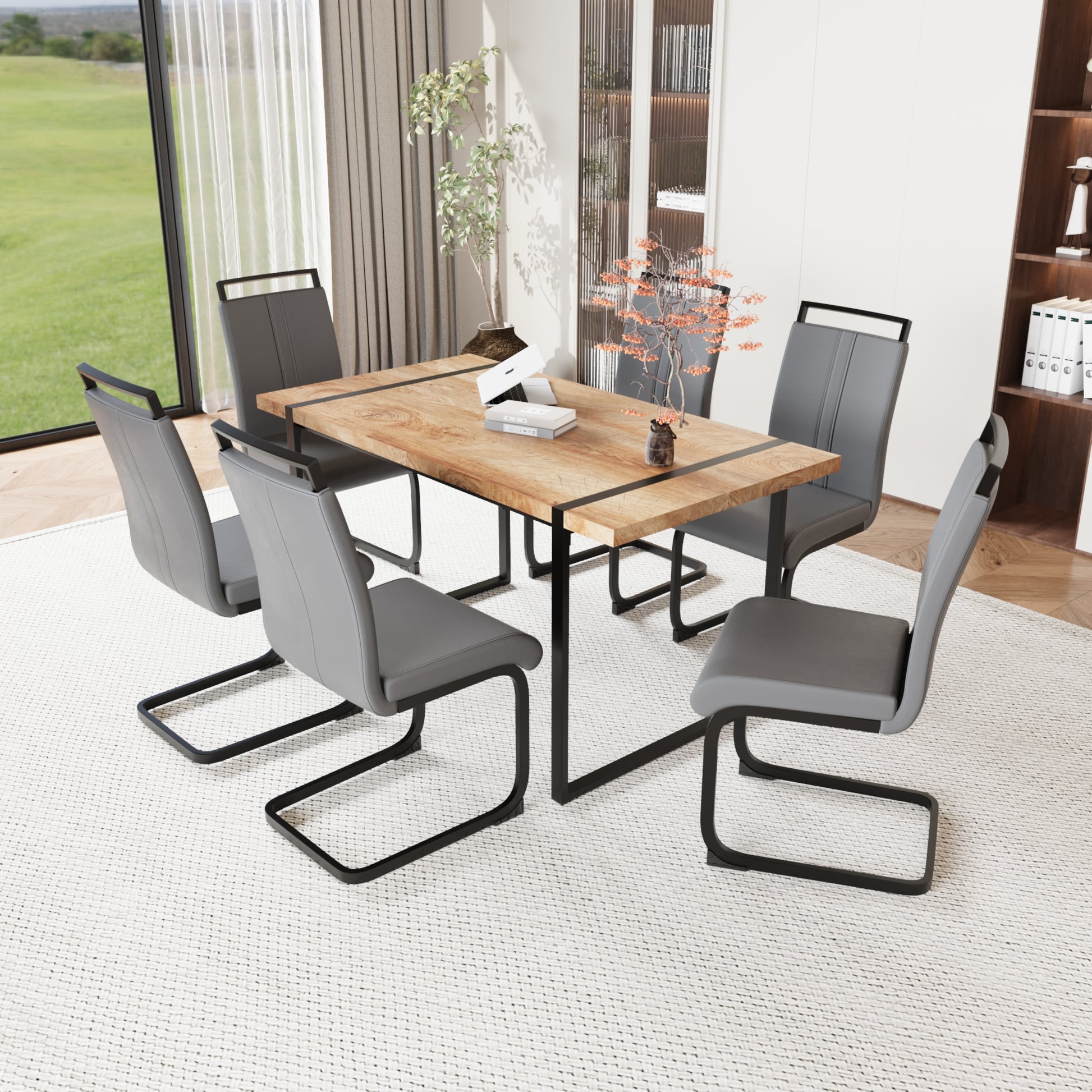 59 "Rural Industrial Rectangular Mdf Wood Color Dining Table Set And Pu Armless Dining Chair Set 6. Kitchen Black Metal Table Leg Dining Chair Set Wood Mdf