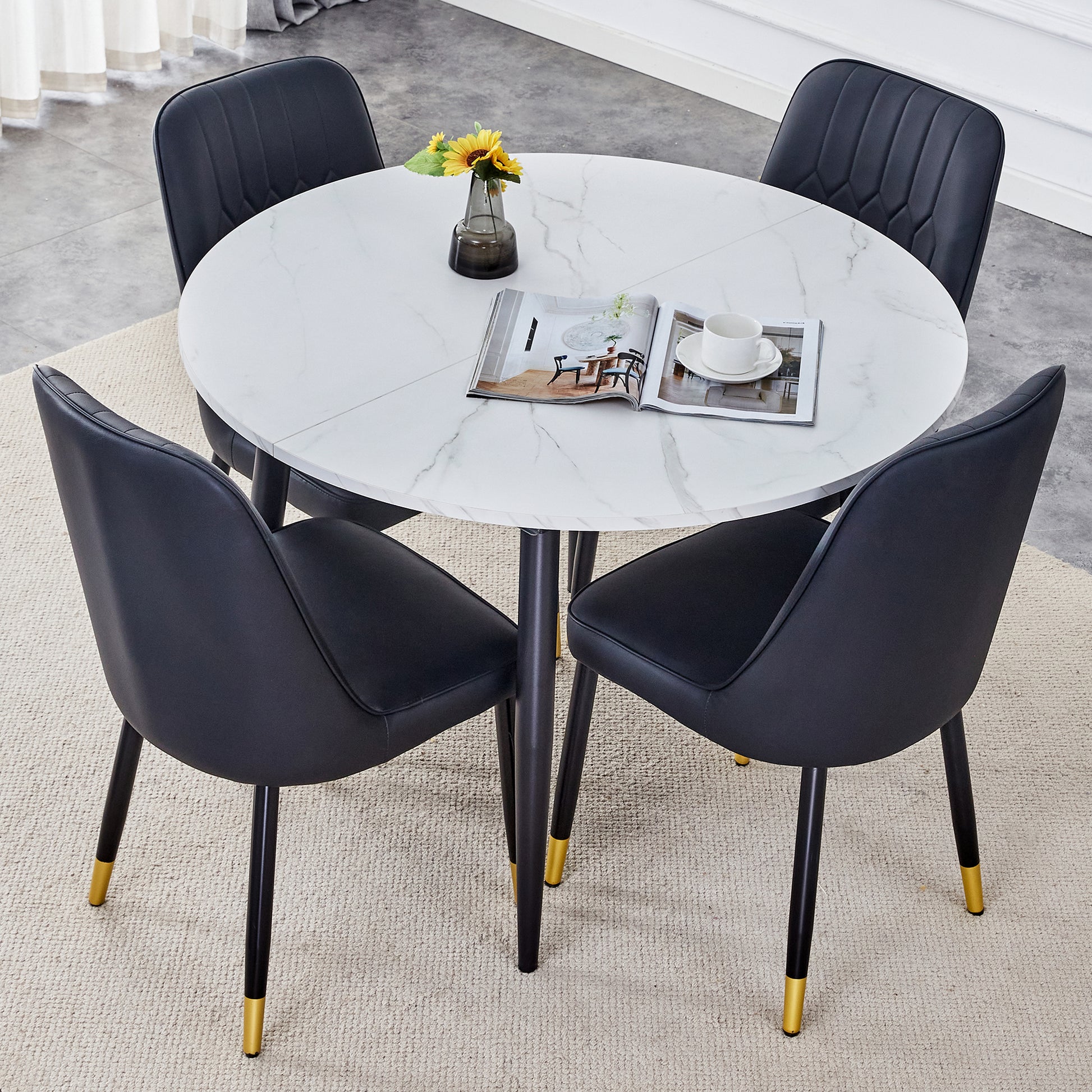 Table And Chair Set.Modern Extendable Mdf Dining Table.The Table Has A Telescopic Design, Suitable For Gatherings Of Different Size.Paried With 4 Chairs With Pu Cushions And Black Metal Legs. White Black Seats 4 Mdf Metal